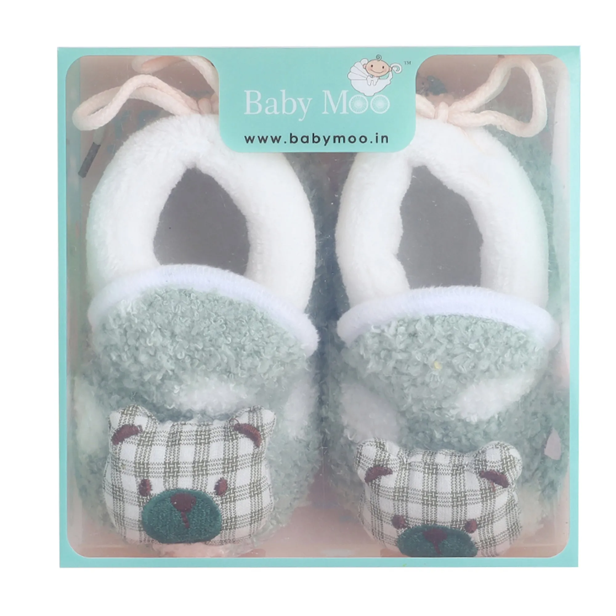 Baby Moo 3D Checked Teddy Soft Slip-On Anti-Skid Plush Warm Booties - Green