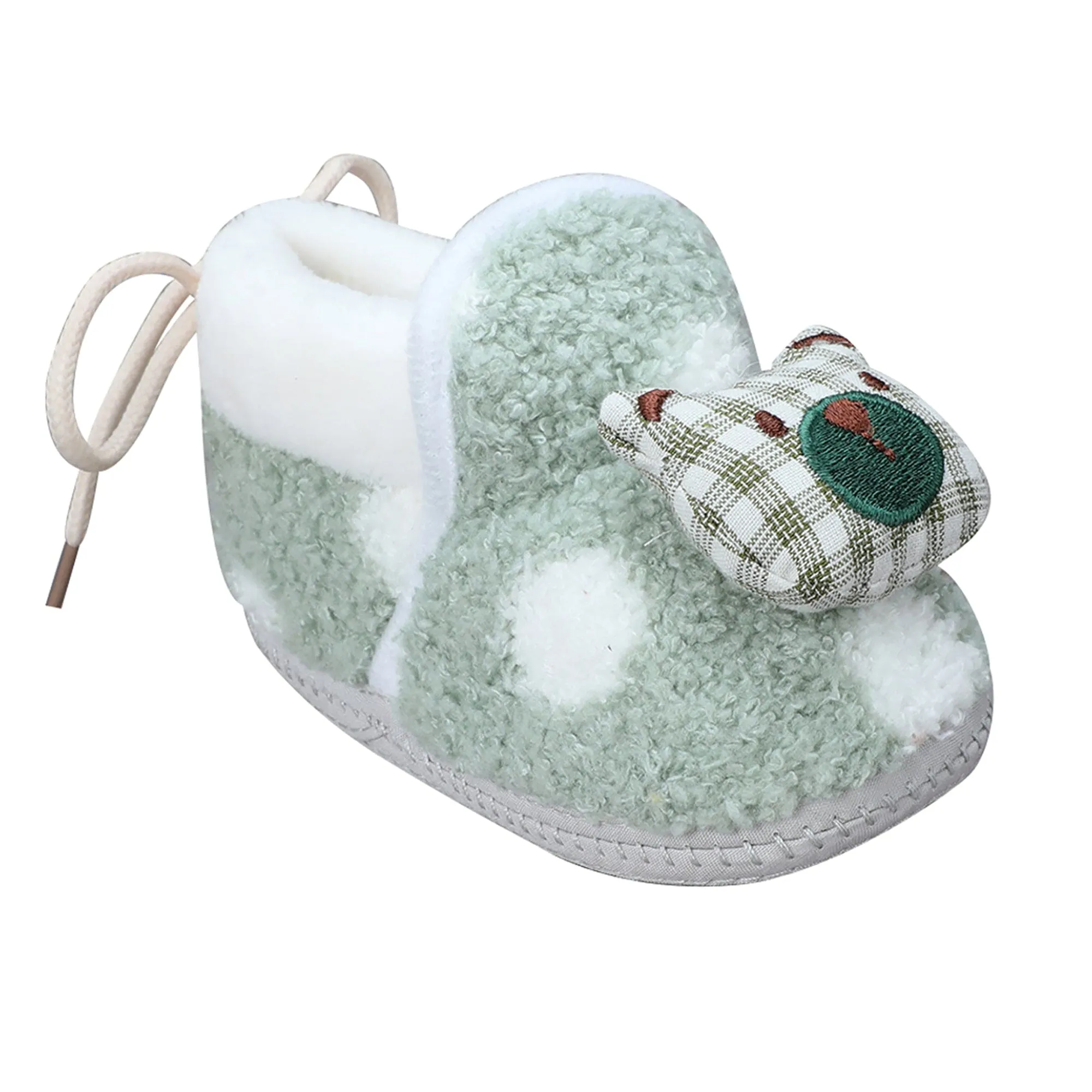 Baby Moo 3D Checked Teddy Soft Slip-On Anti-Skid Plush Warm Booties - Green