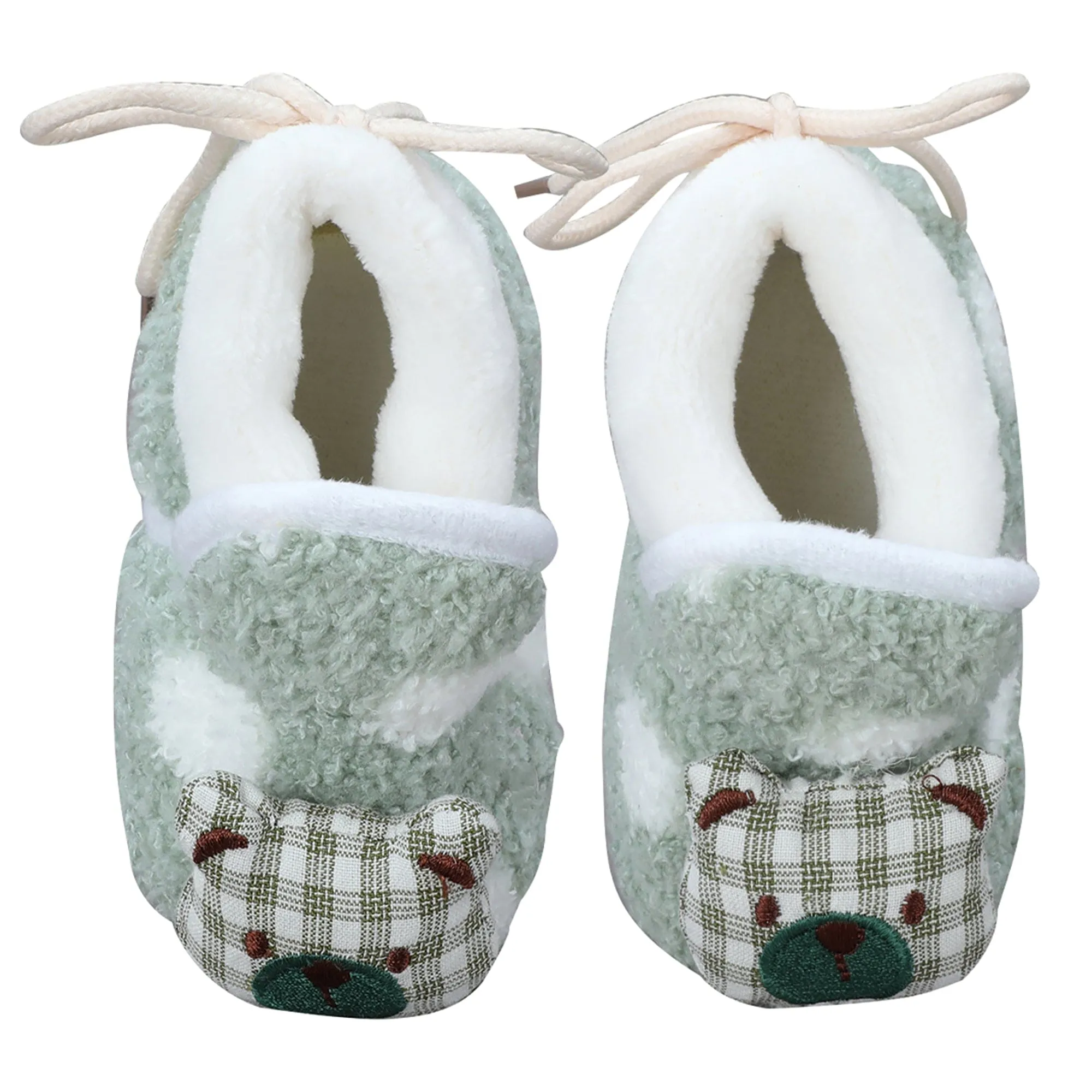 Baby Moo 3D Checked Teddy Soft Slip-On Anti-Skid Plush Warm Booties - Green