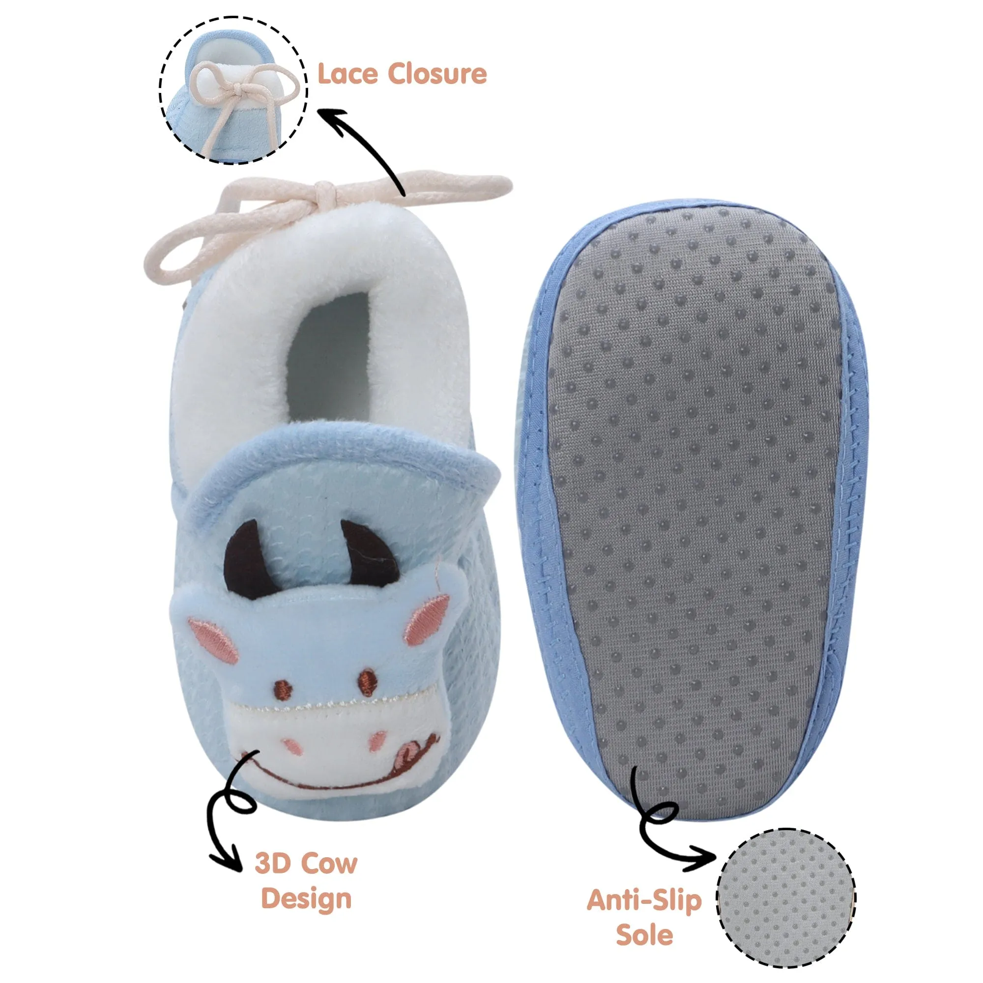 Baby Moo 3D Cow Soft Slip-On Anti-Skid Plush Warm Booties - Blue