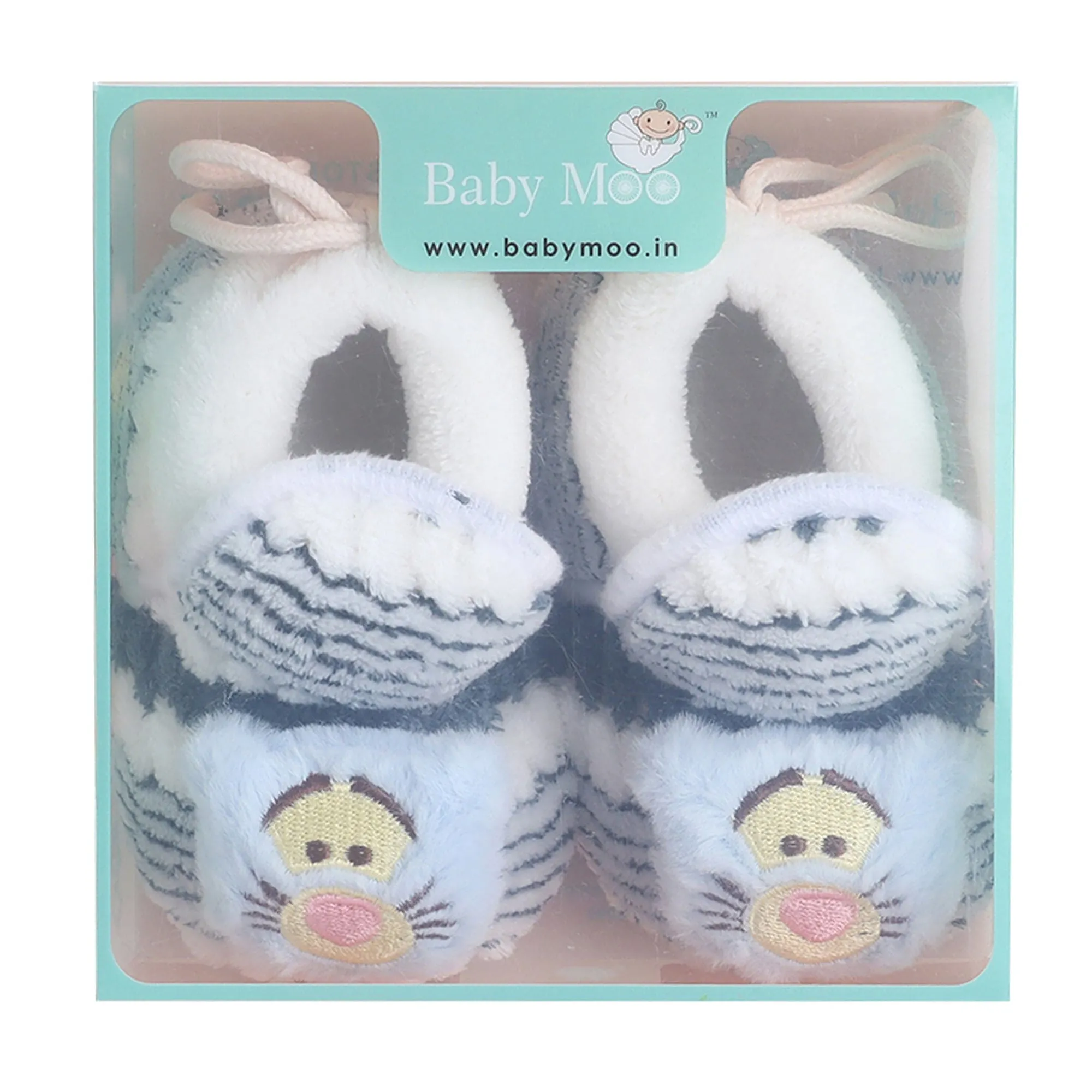 Baby Moo 3D Cub Striped Soft Slip-On Anti-Skid Plush Warm Booties - Blue