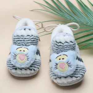 Baby Moo 3D Cub Striped Soft Slip-On Anti-Skid Plush Warm Booties - Blue