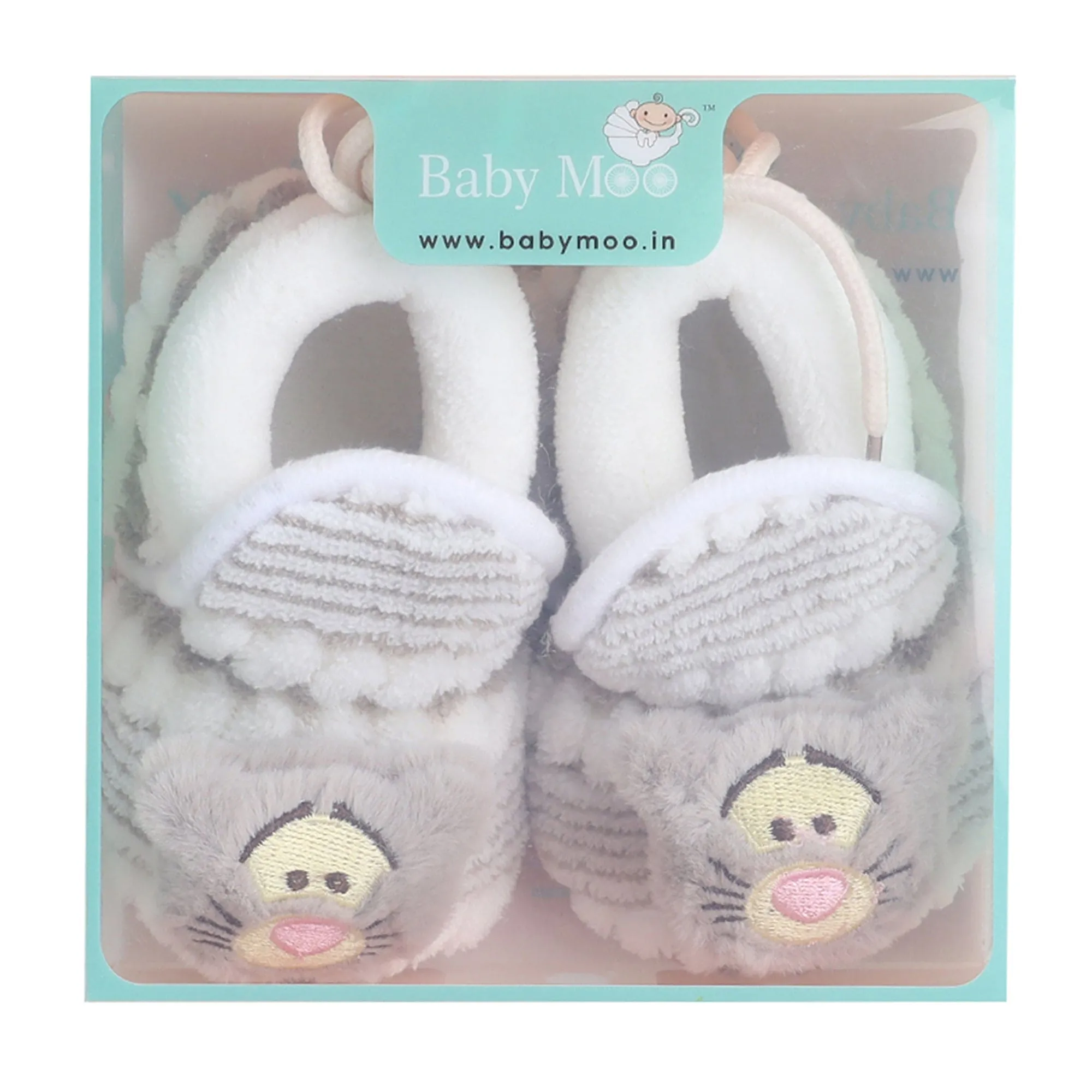 Baby Moo 3D Cub Striped Soft Slip-On Anti-Skid Plush Warm Booties - Grey