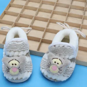 Baby Moo 3D Cub Striped Soft Slip-On Anti-Skid Plush Warm Booties - Grey