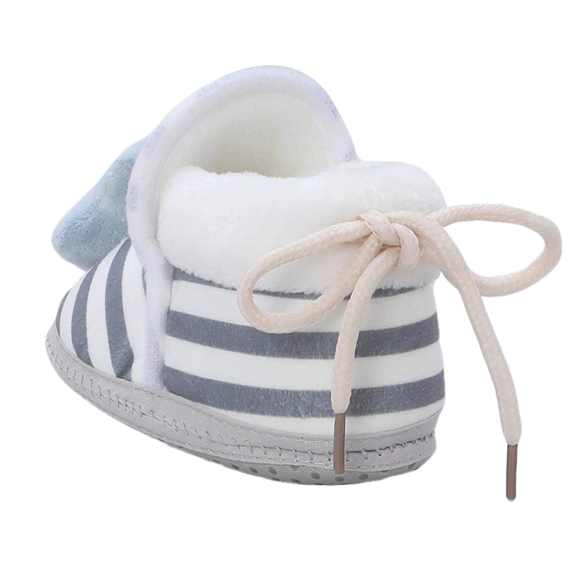 Baby Moo 3D Dino Striped Soft Slip-On Anti-Skid Plush Warm Booties - Grey