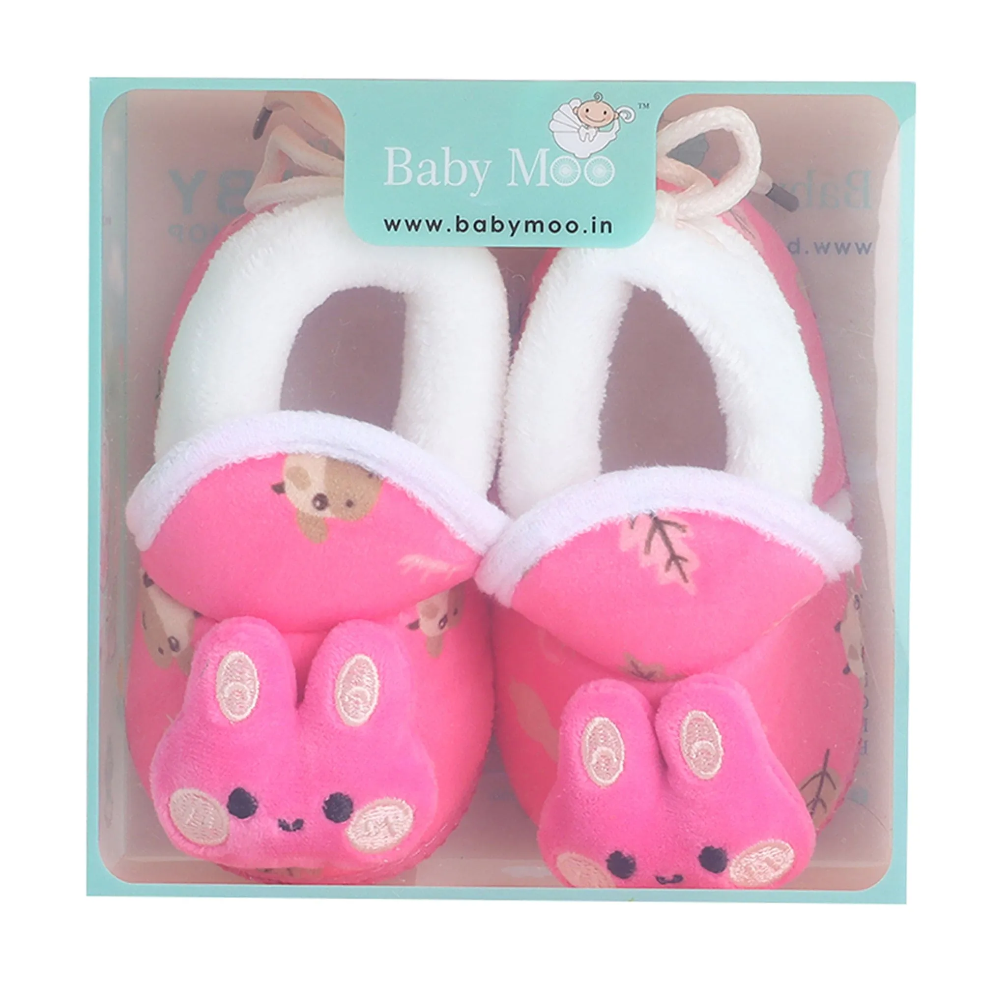 Baby Moo 3D Hunny Bunny Soft Slip-On Anti-Skid Plush Warm Booties - Pink