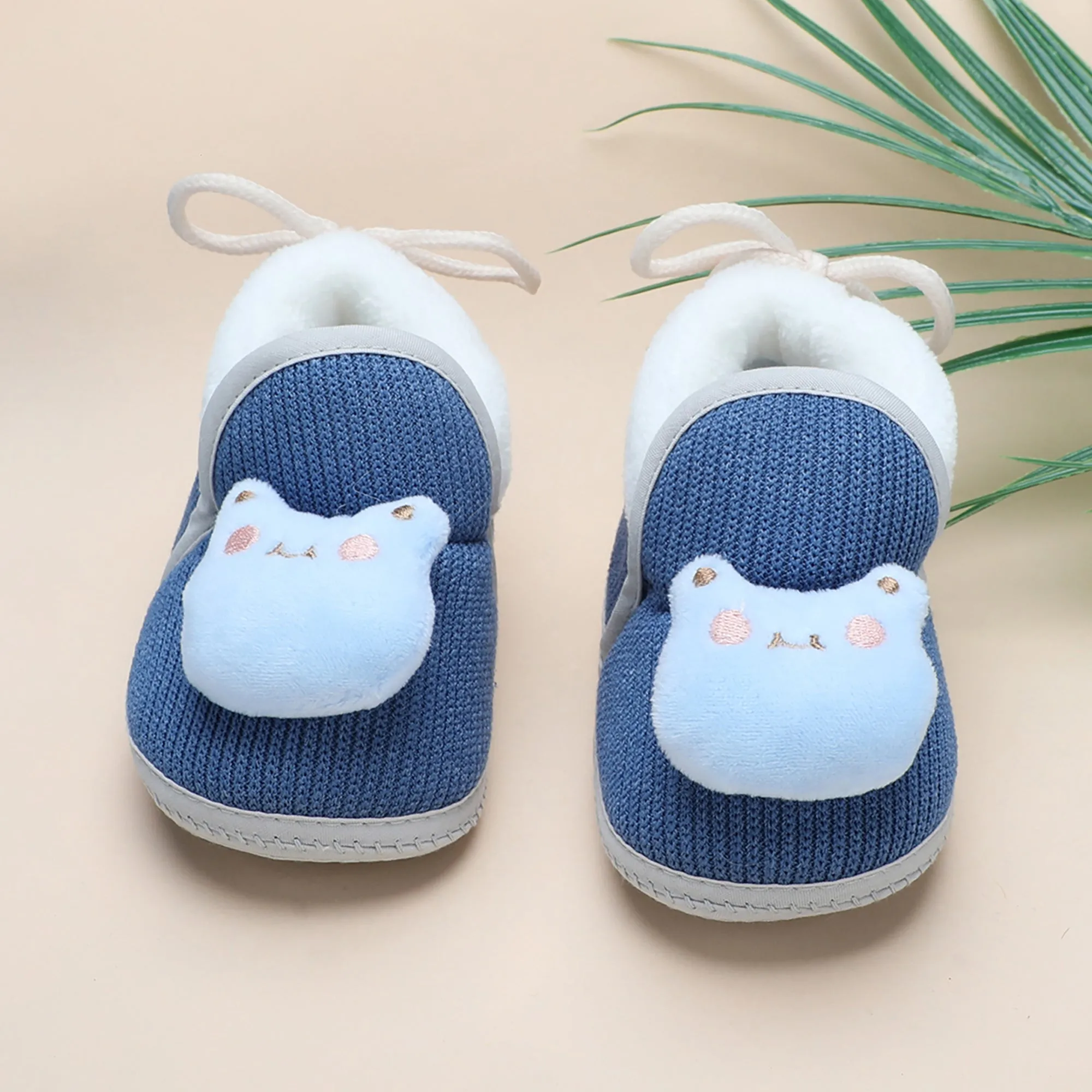 Baby Moo 3D Kitty Ribbed Soft Slip-On Anti-Skid Plush Warm Booties - Blue