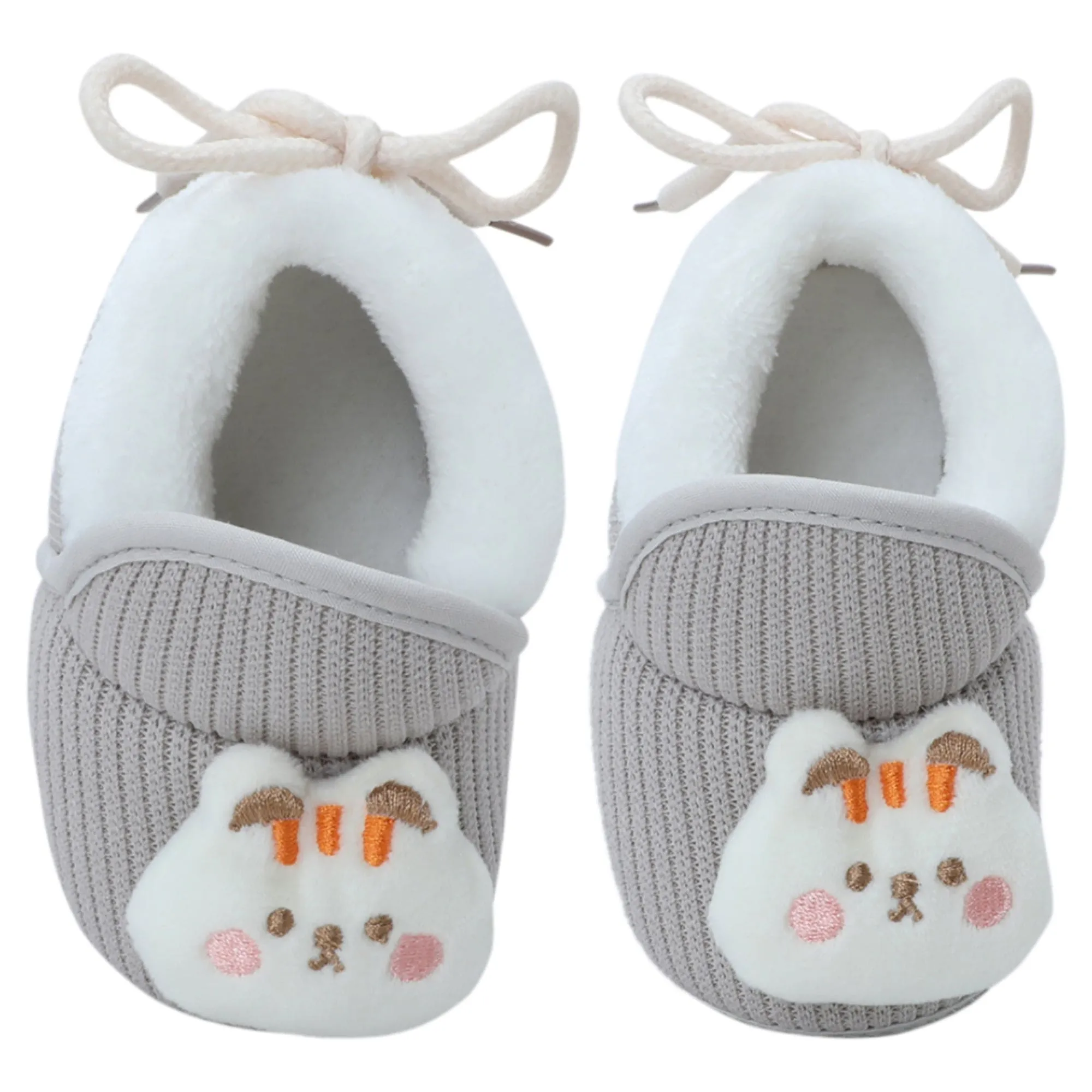 Baby Moo 3D Kitty Ribbed Soft Slip-On Anti-Skid Plush Warm Booties - Grey