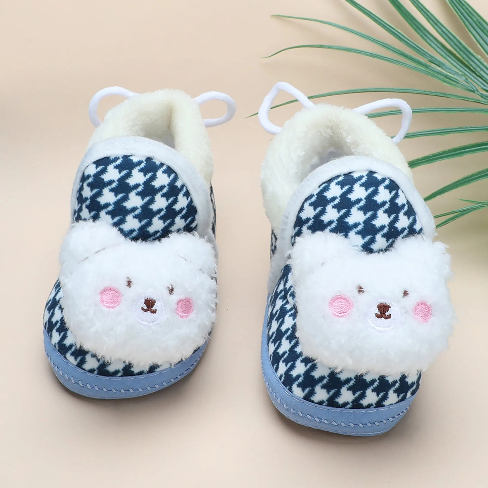 Baby Moo 3D Poodle Dog Houndstooth Soft Slip-On Anti-Skid Plush Warm Booties - Blue