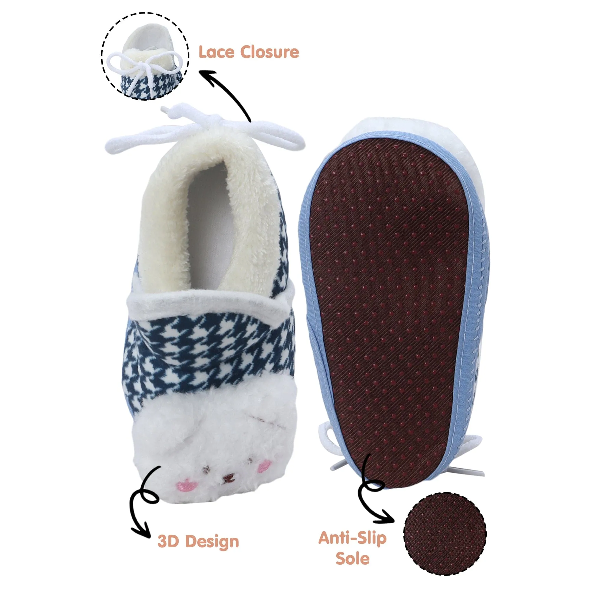 Baby Moo 3D Poodle Dog Houndstooth Soft Slip-On Anti-Skid Plush Warm Booties - Blue