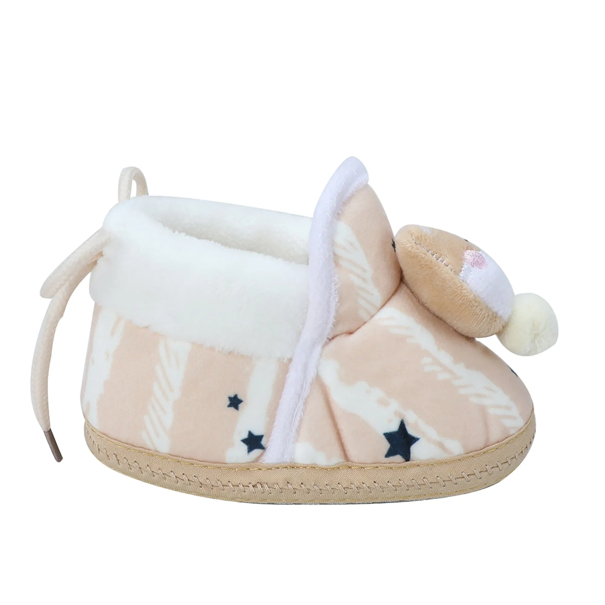 Baby Moo 3D Teddy Broad Stripes Soft Slip-On Anti-Skid Plush Warm Booties - Beige