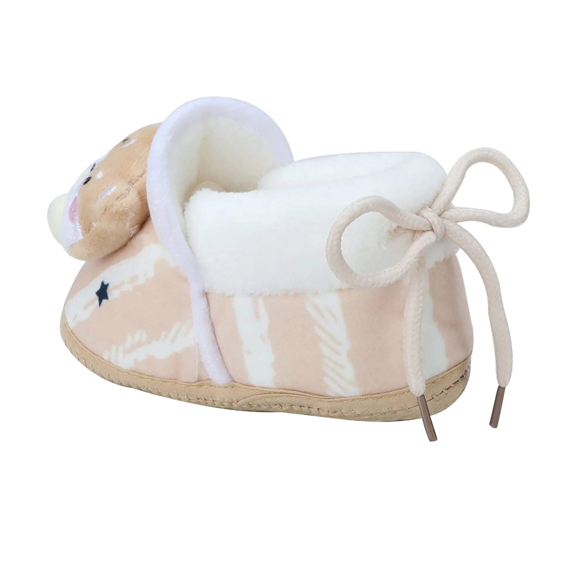 Baby Moo 3D Teddy Broad Stripes Soft Slip-On Anti-Skid Plush Warm Booties - Beige