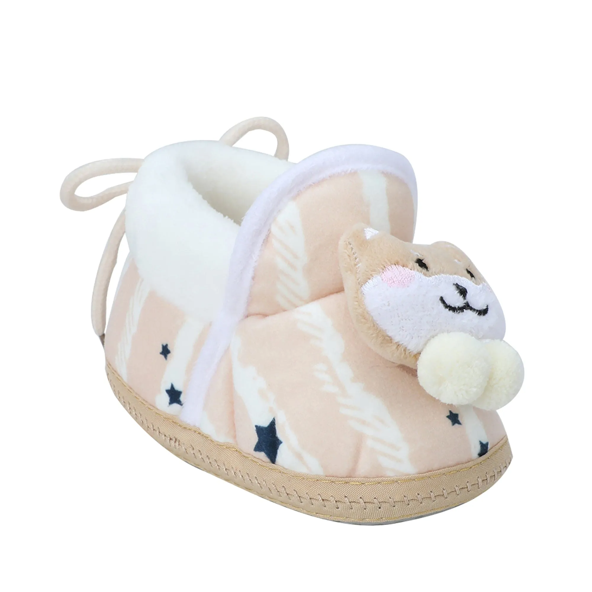 Baby Moo 3D Teddy Broad Stripes Soft Slip-On Anti-Skid Plush Warm Booties - Beige