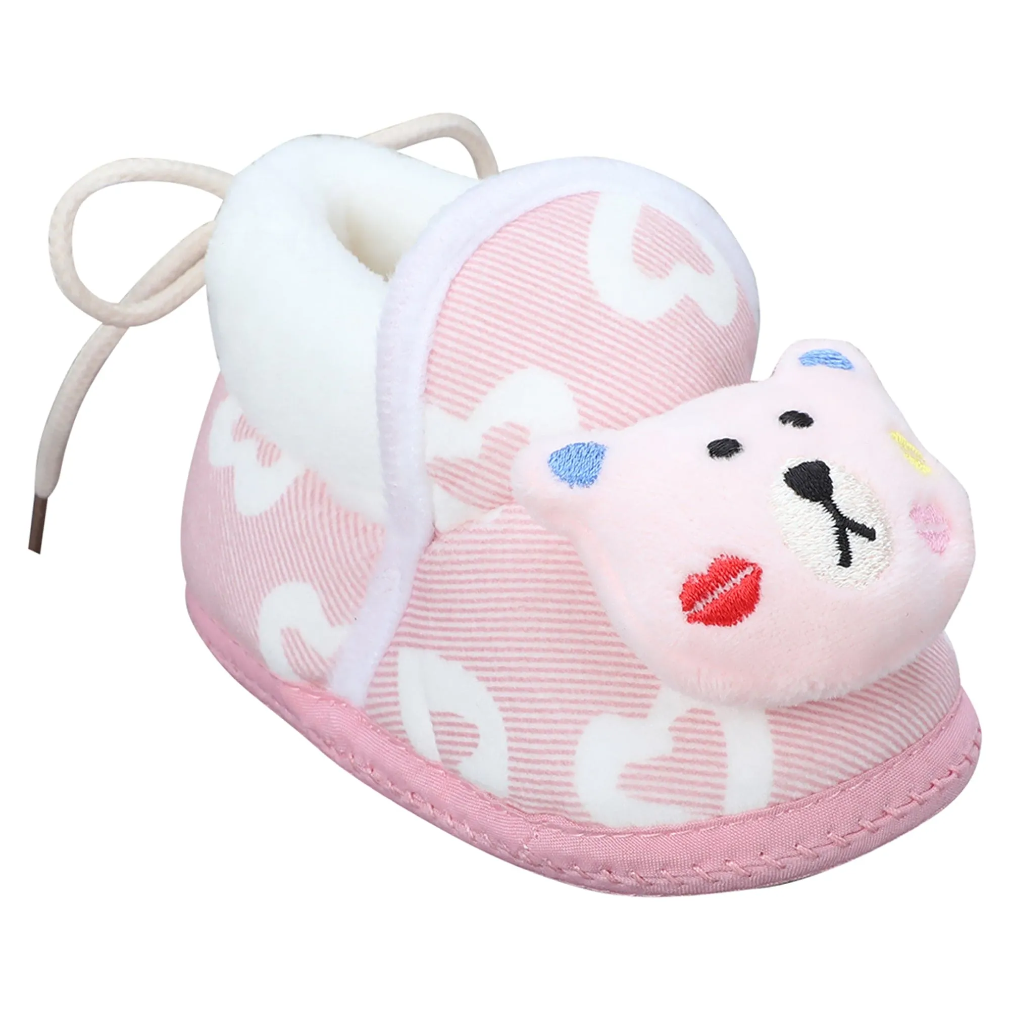 Baby Moo 3D Teddy Buddy Soft Slip-On Anti-Skid Plush Warm Booties - Pink