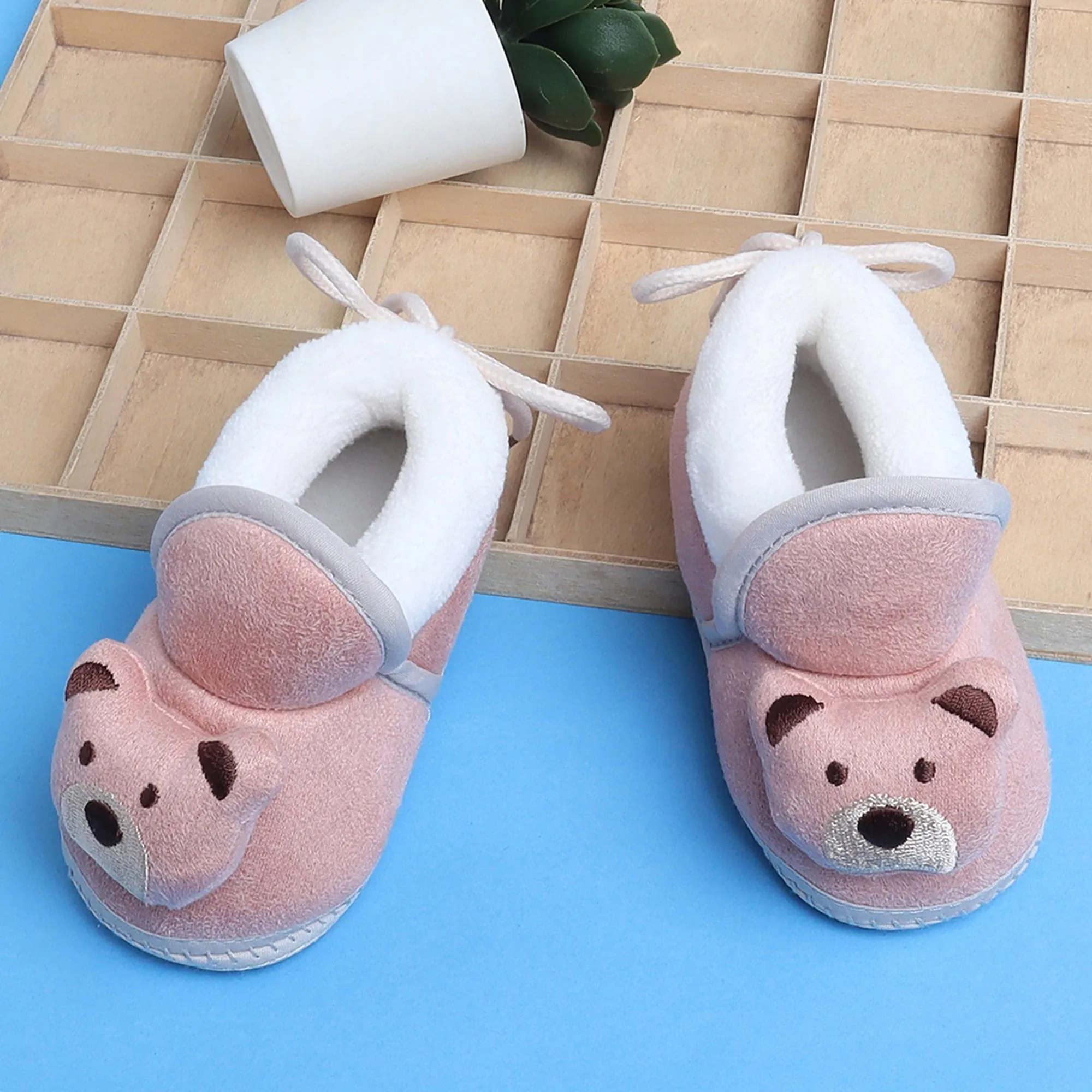 Baby Moo 3D Teddy Soft Slip-On Anti-Skid Plush Warm Booties - Mauve