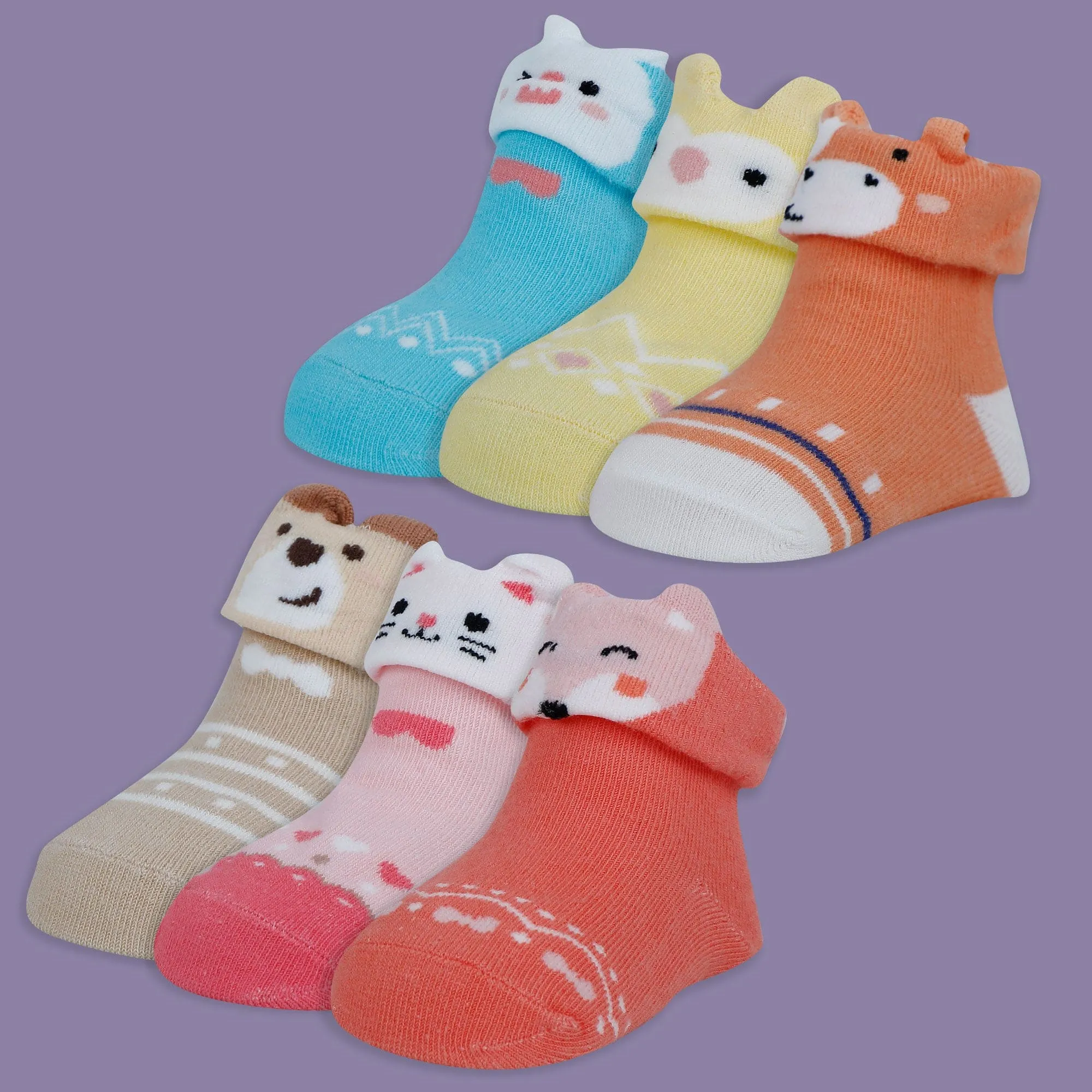 Baby Moo Animal 3D Anti-Skid Socks Booties Pack of 6 - Pink, Yellow