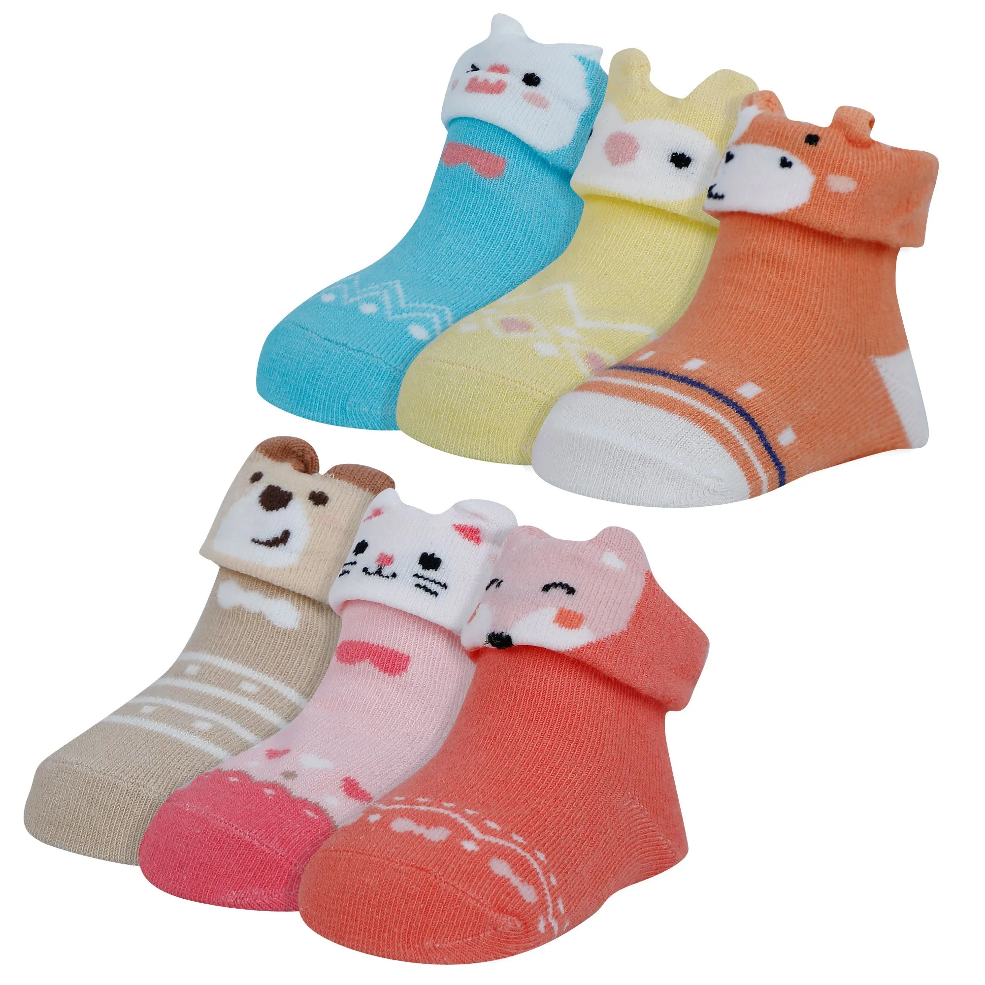 Baby Moo Animal 3D Anti-Skid Socks Booties Pack of 6 - Pink, Yellow