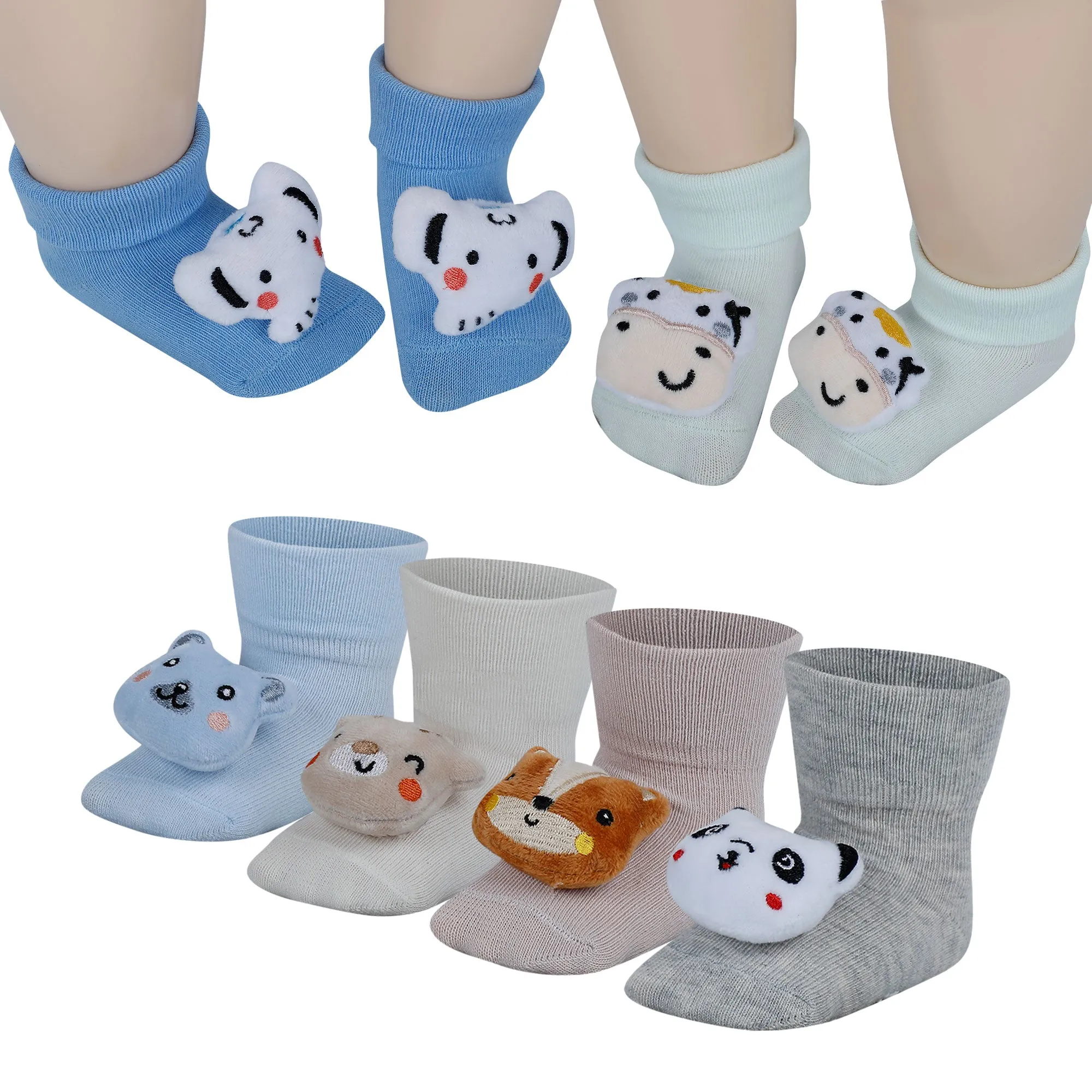 Baby Moo Animal 3D Rattle Anti-Skid Socks Booties Pack of 6 - Blue