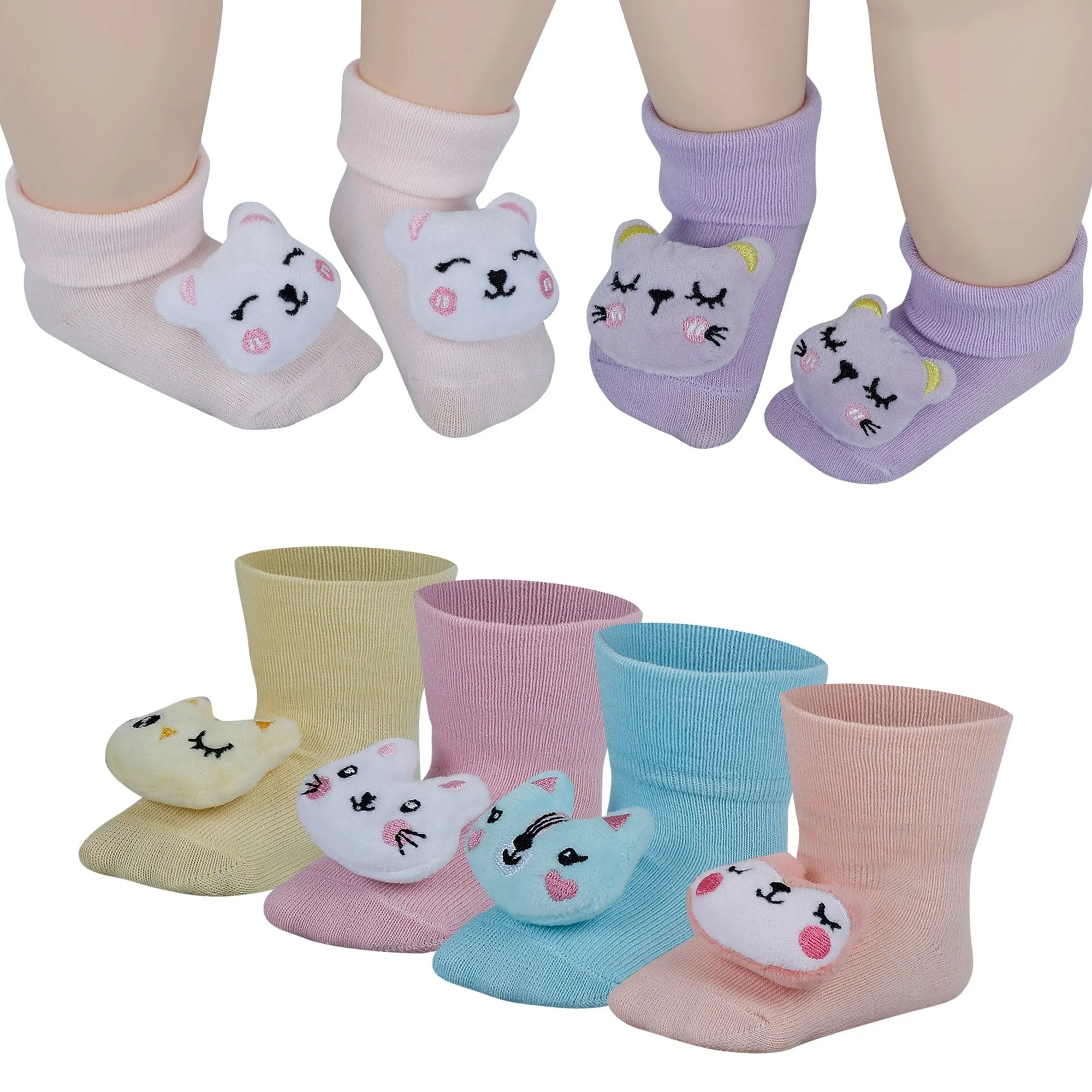 Baby Moo Animal 3D Rattle Anti-Skid Socks Booties Pack of 6 - Peach