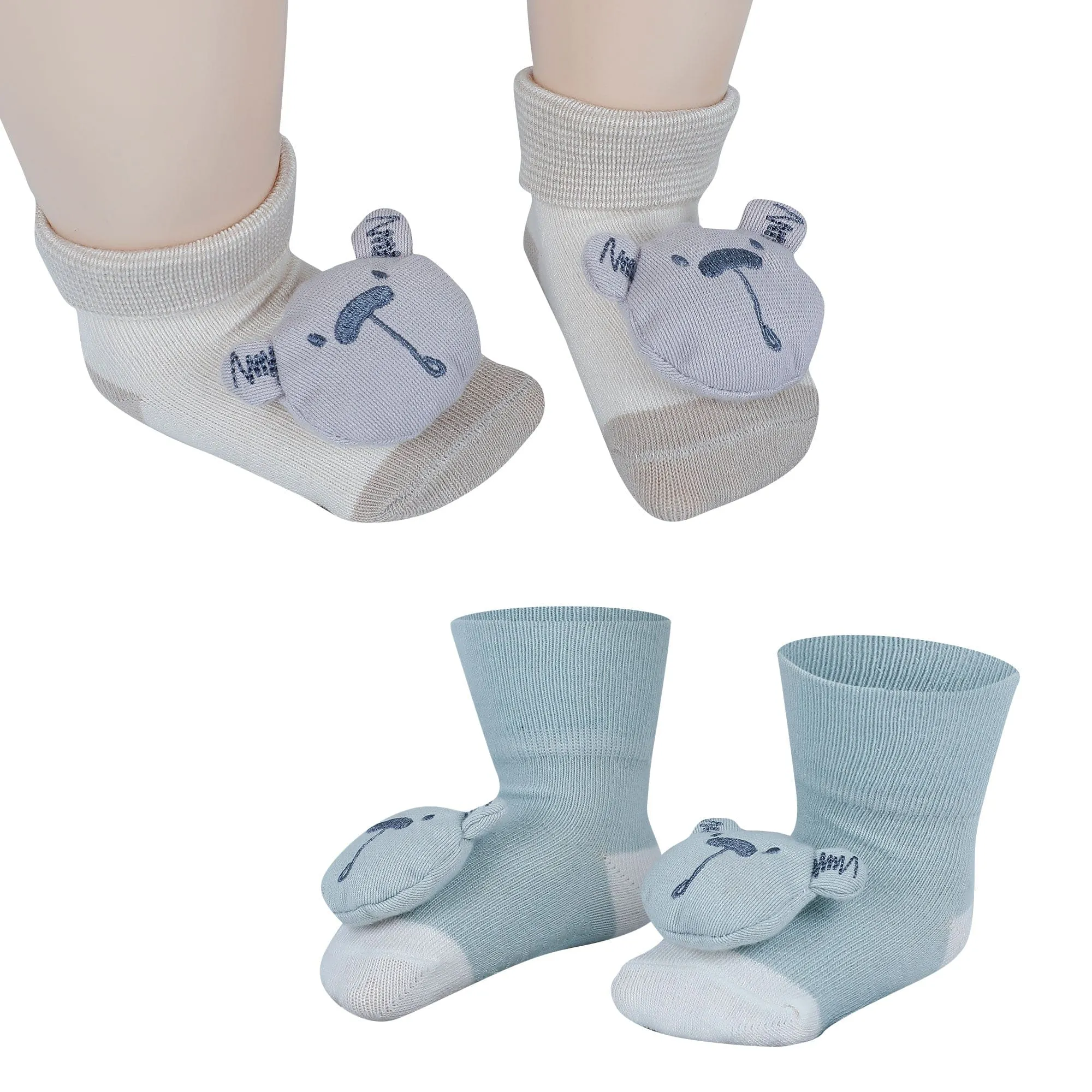 Baby Moo Bear 3D Rattle Anti-Skid Socks Booties Pack of 2 - Beige, Green