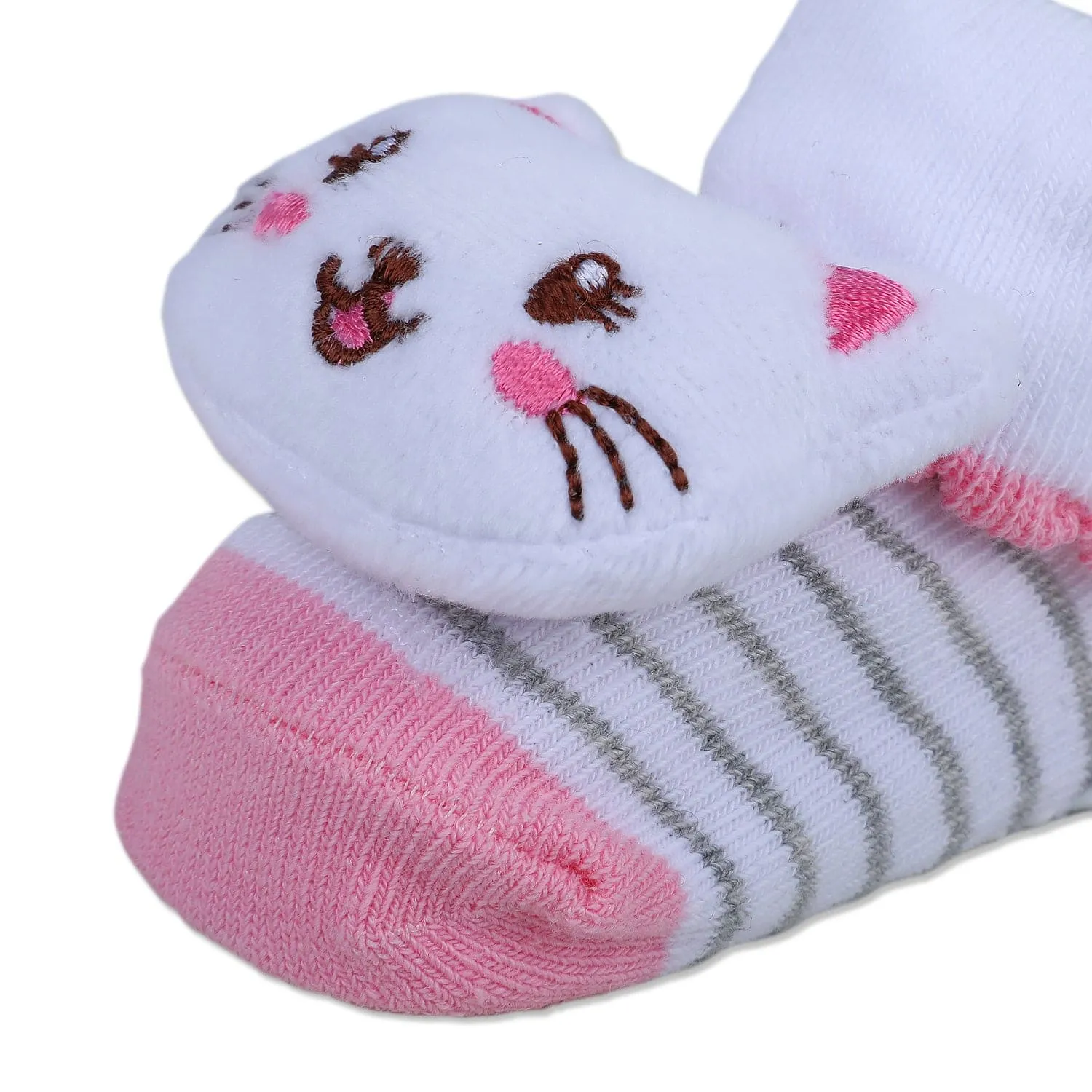 Baby Moo Blushing Kitty Cotton Anti-Skid 3D Socks - White