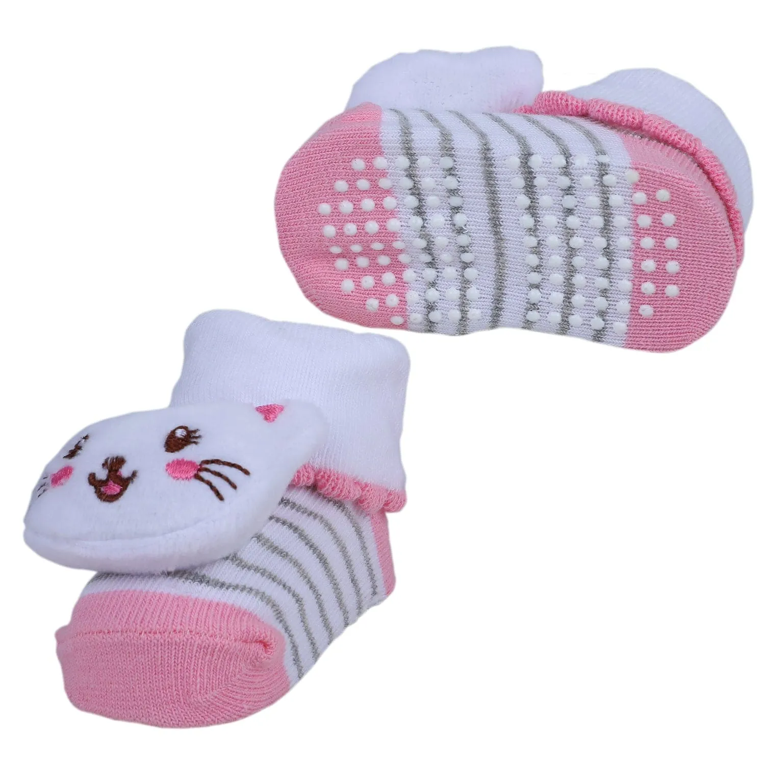 Baby Moo Blushing Kitty Cotton Anti-Skid 3D Socks - White