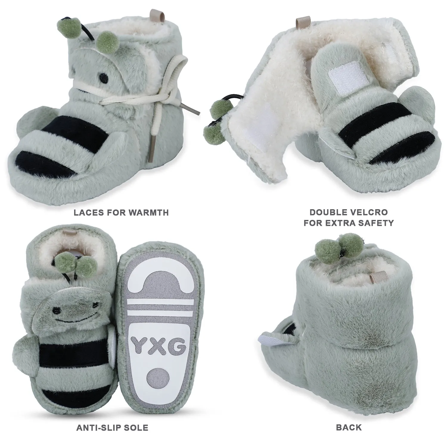 Baby Moo Bumble Bee 3D Warm Furry Booties - Green