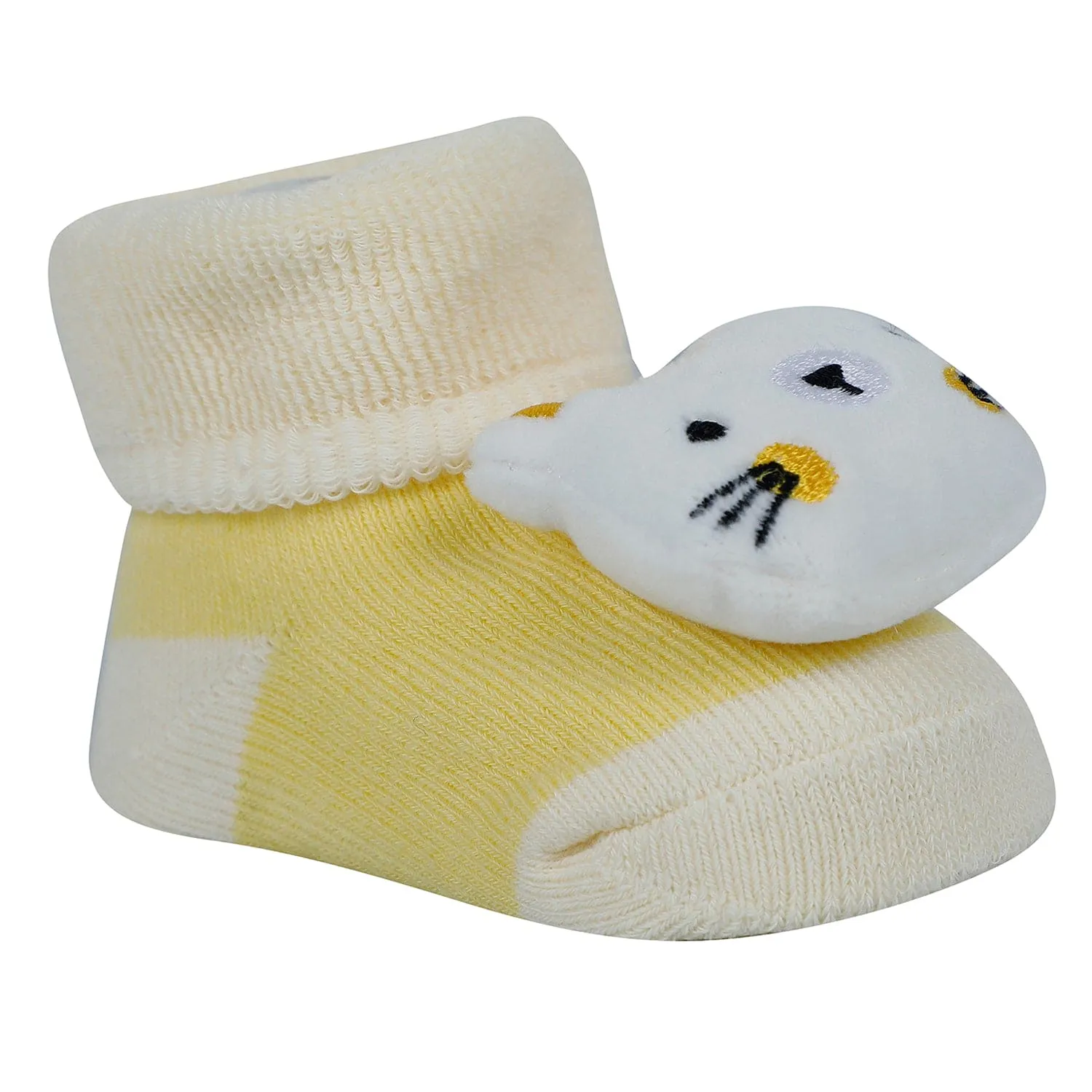 Baby Moo Cat And Hippo 3D Rattle Anti-Skid Socks Booties Pack of 2 - Yellow, Blue