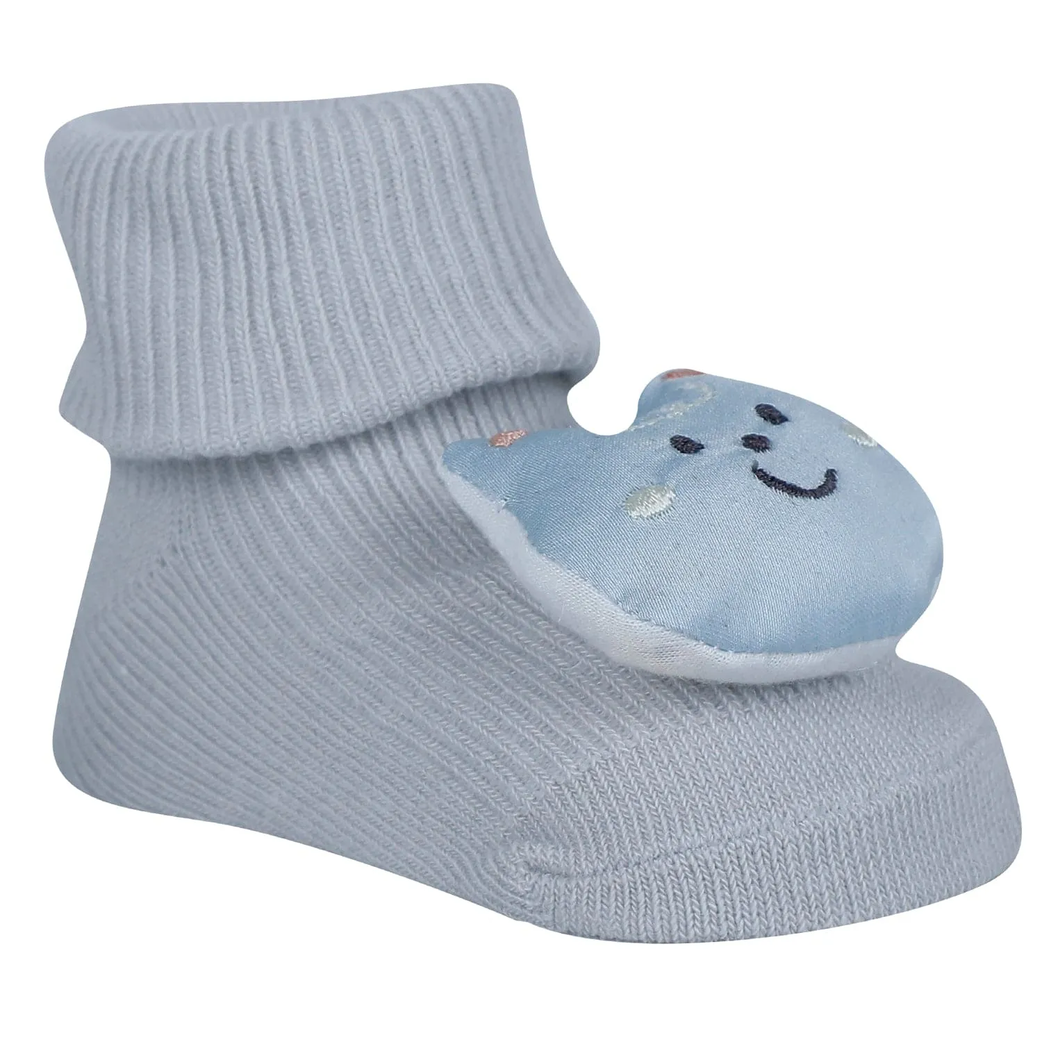 Baby Moo Deer And Cat 3D Rattle Anti-Skid Socks Booties Pack of 2 - Blue, Grey