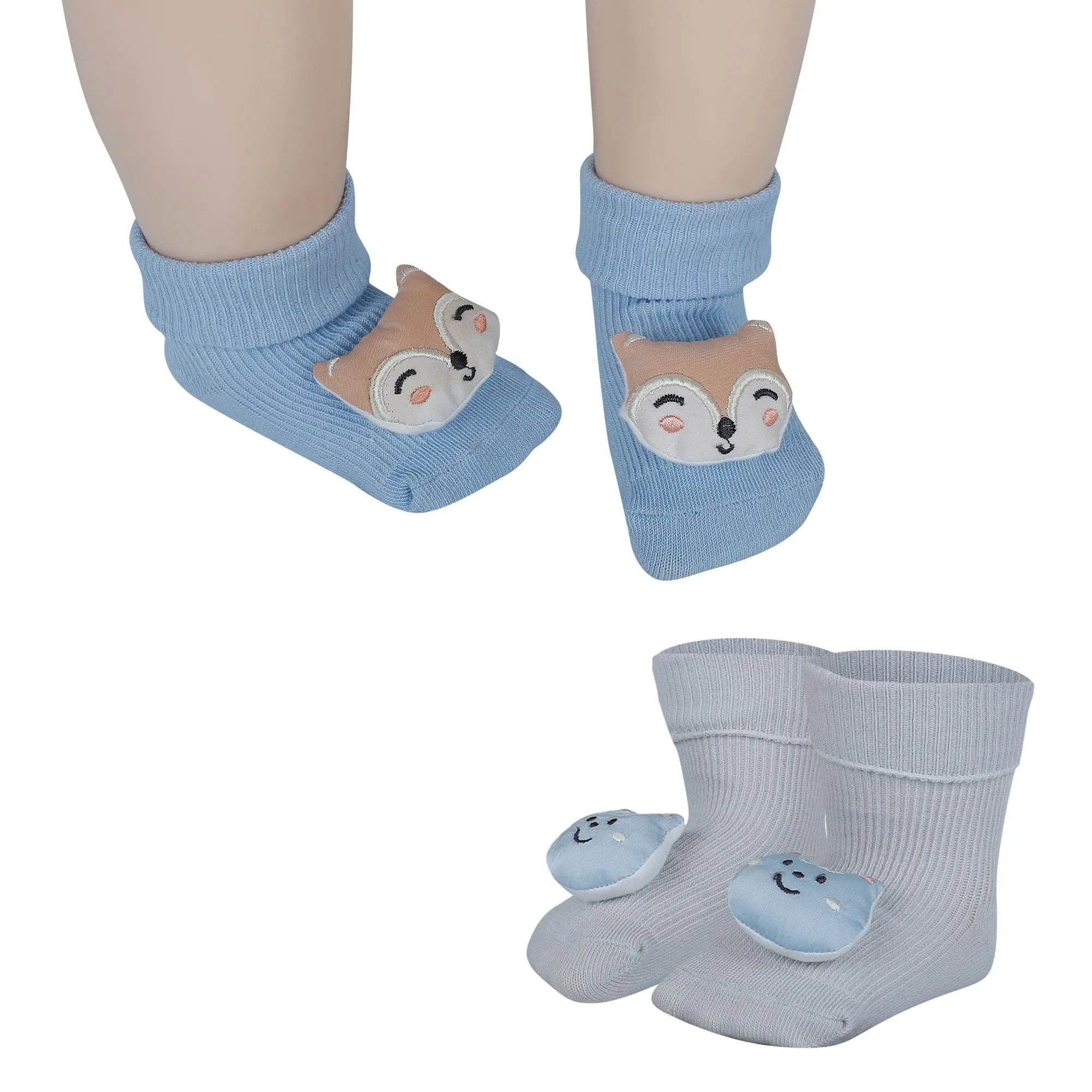 Baby Moo Deer And Cat 3D Rattle Anti-Skid Socks Booties Pack of 2 - Blue, Grey