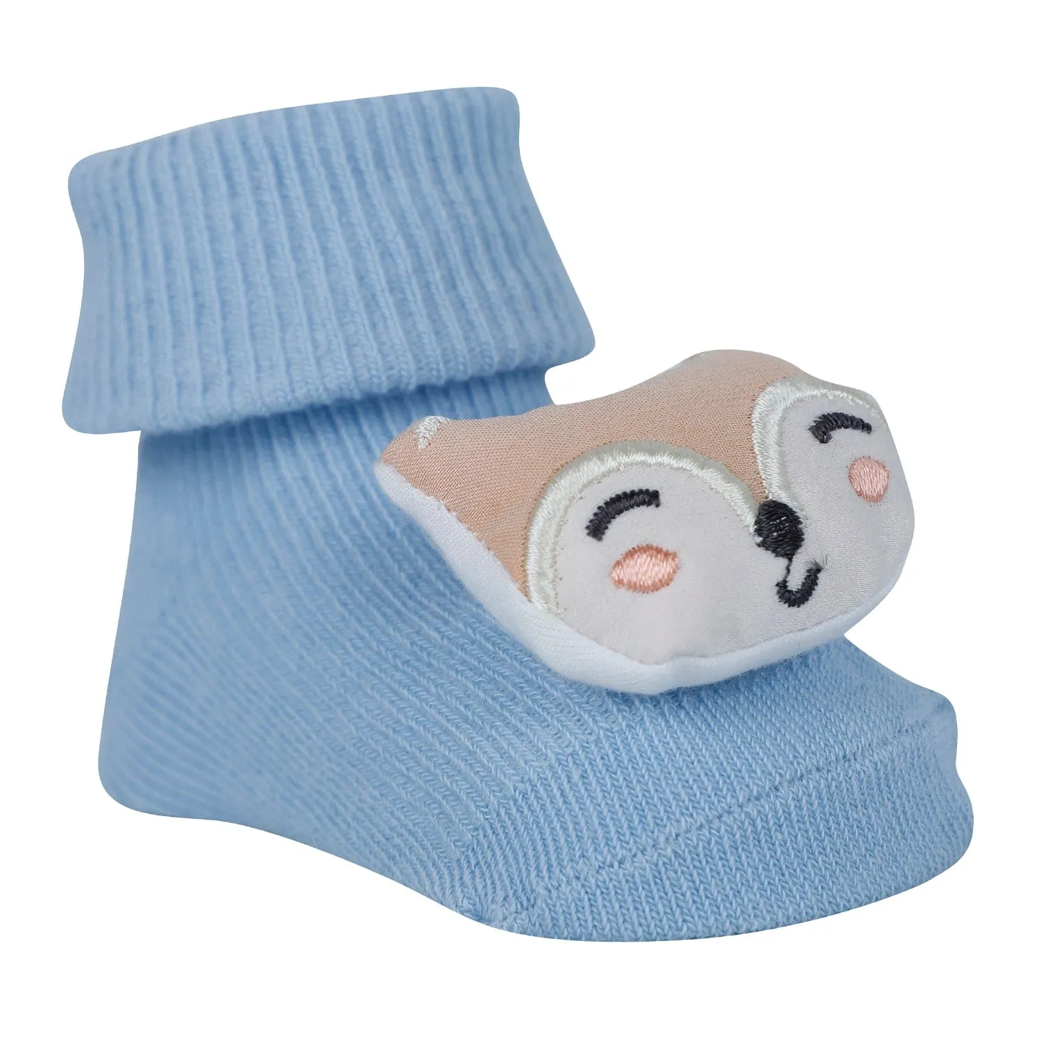 Baby Moo Deer And Cat 3D Rattle Anti-Skid Socks Booties Pack of 2 - Blue, Grey