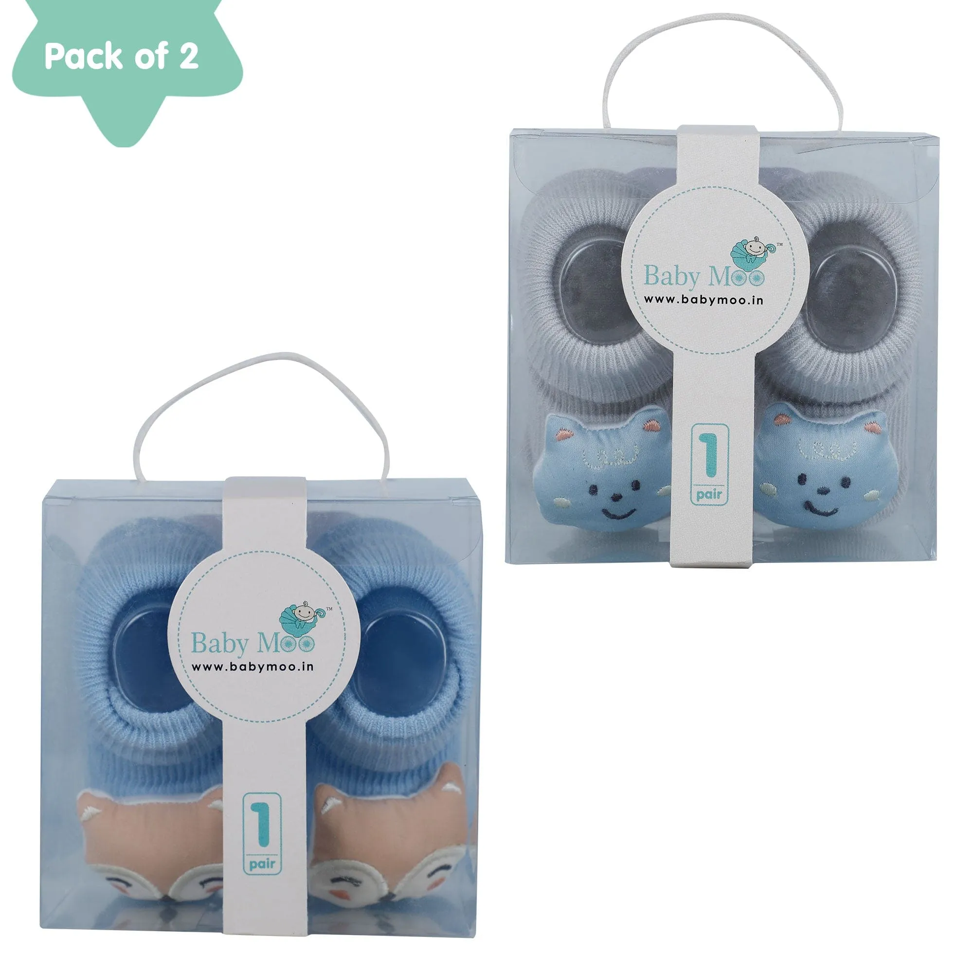 Baby Moo Deer And Cat 3D Rattle Anti-Skid Socks Booties Pack of 2 - Blue, Grey