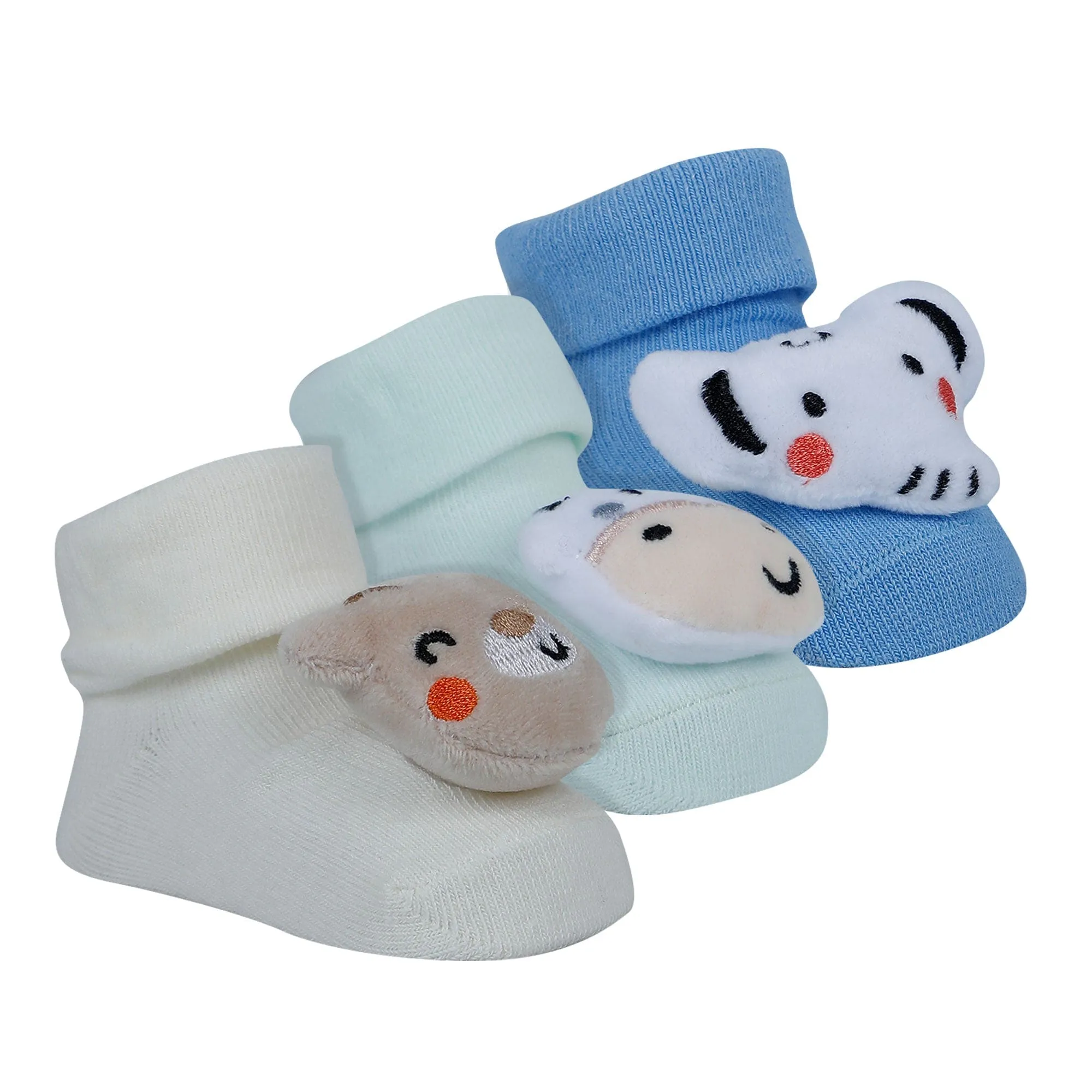 Baby Moo Elephant Cow 3D Rattle Anti-Skid Socks Booties Pack of 3 - Multicolour