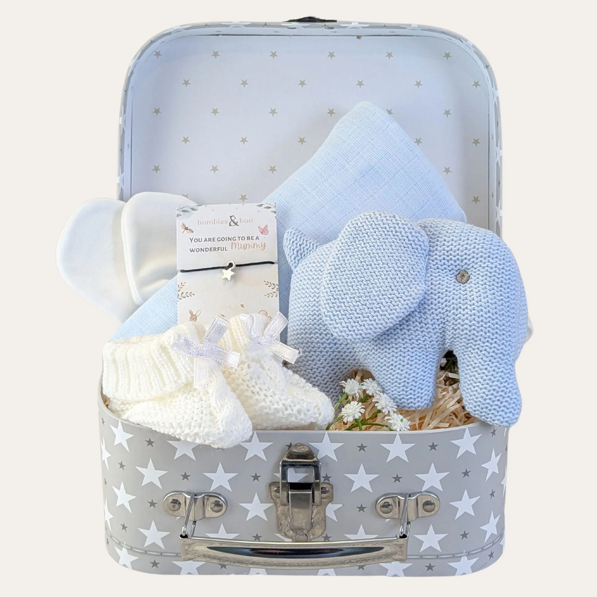 Baby Shower Gifts Hamper Blue Organic Elephant Rattle