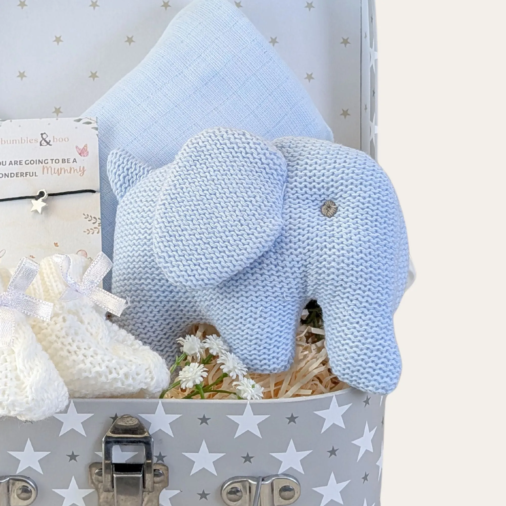 Baby Shower Gifts Hamper Blue Organic Elephant Rattle