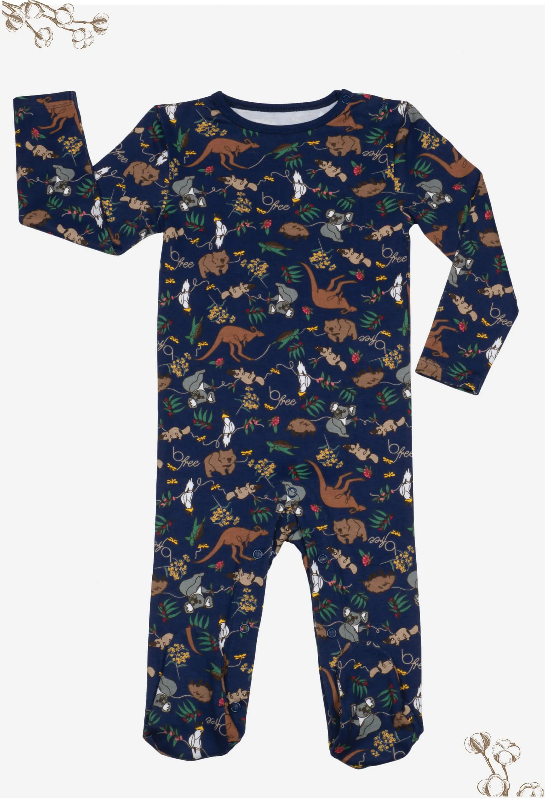 Baby Snap Button Sleepsuit with Booties - 100% Organic Cotton - Navy Native Aussie Animals