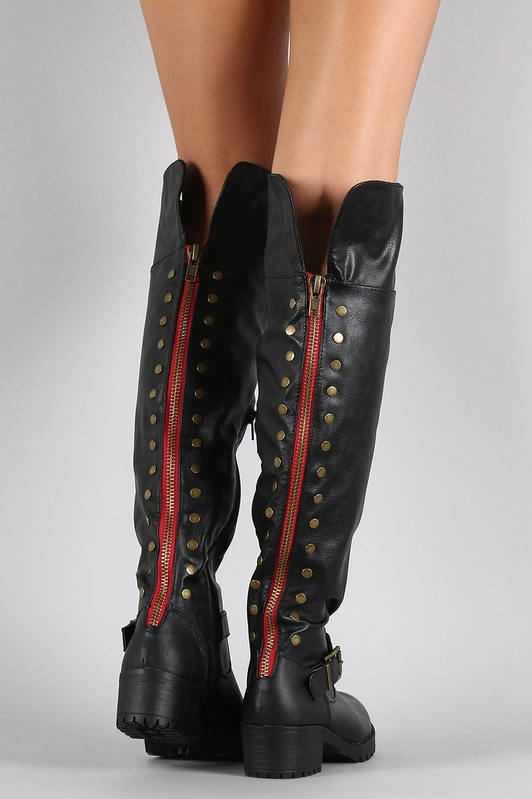 Bamboo Fold Over Cuff Contrast Zipper Studded Riding Knee High Boot