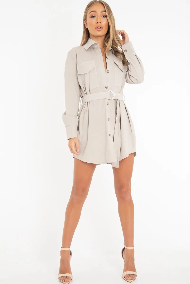 Beige Button Up Belted Utility Dress - Abia