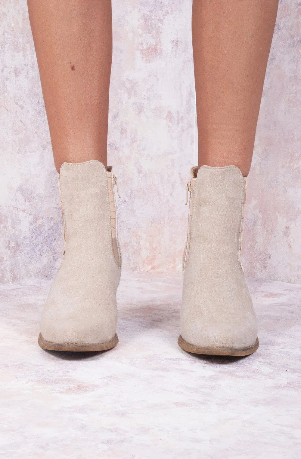 Beige Faux Suede Patent Pu Heeled Ankle Boot