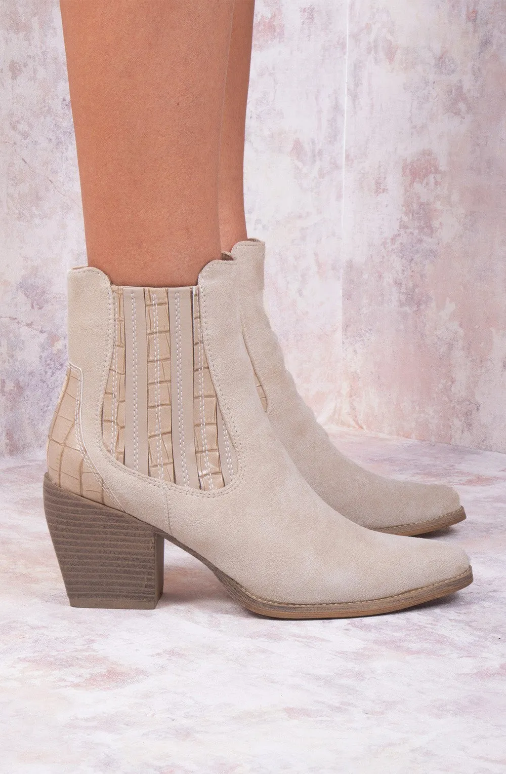 Beige Faux Suede Patent Pu Heeled Ankle Boot