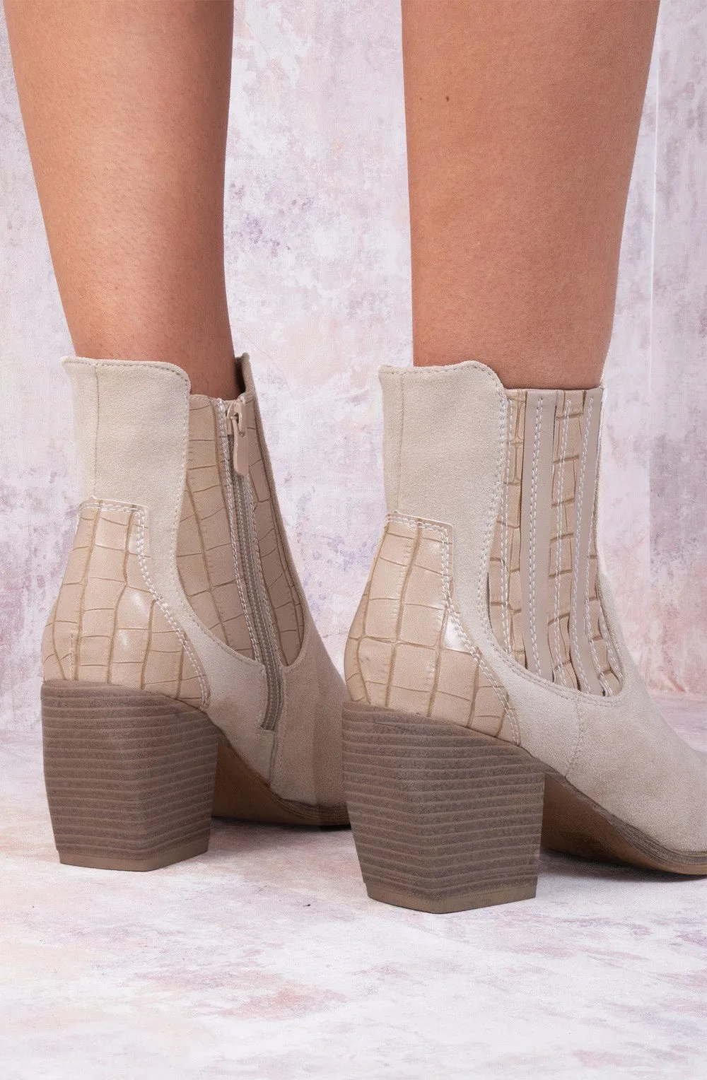 Beige Faux Suede Patent Pu Heeled Ankle Boot