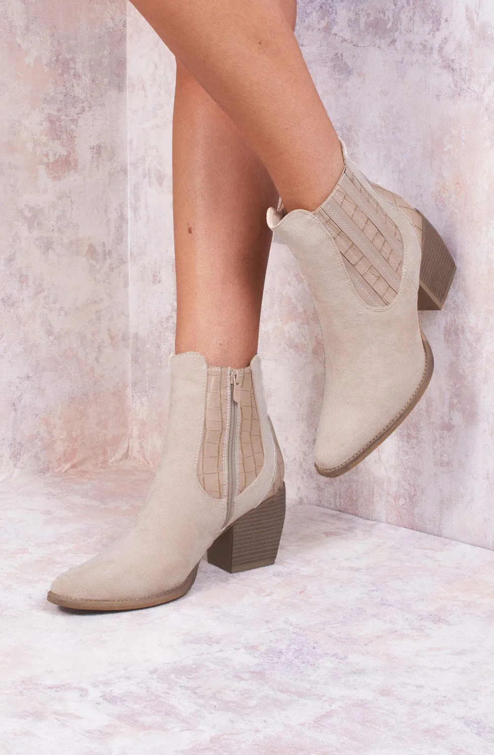 Beige Faux Suede Patent Pu Heeled Ankle Boot