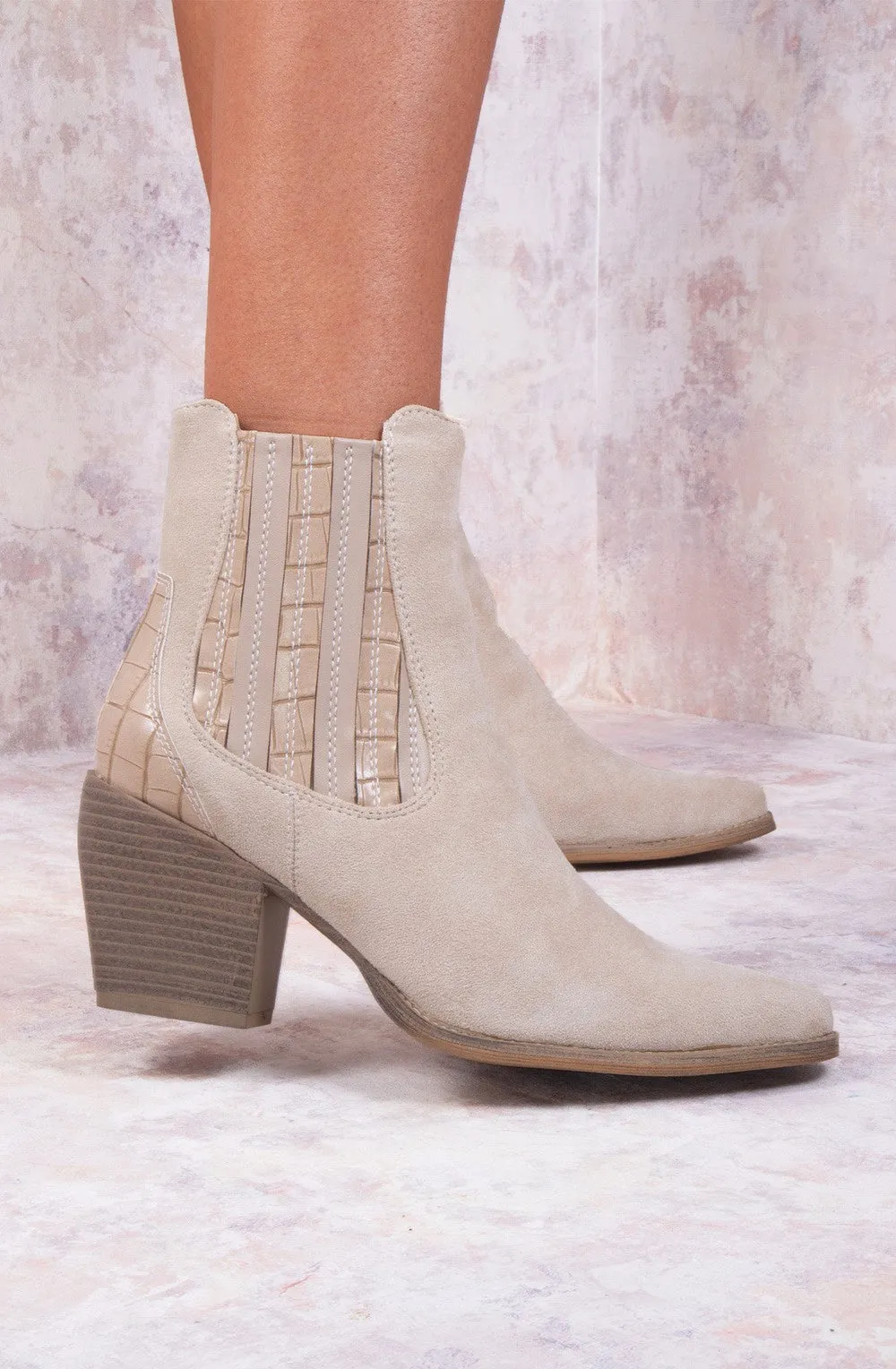 Beige Faux Suede Patent Pu Heeled Ankle Boot