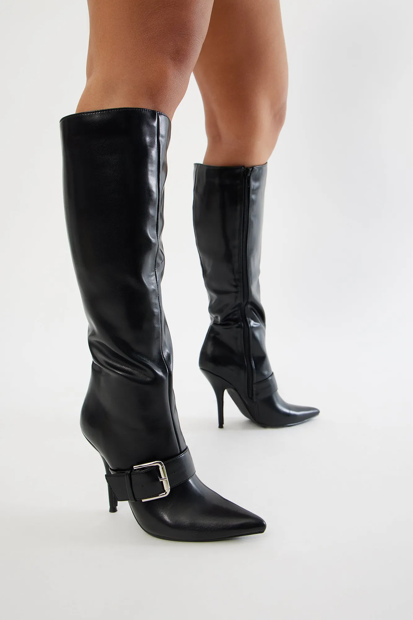 Berlin Buckle Knee High Boots - Black