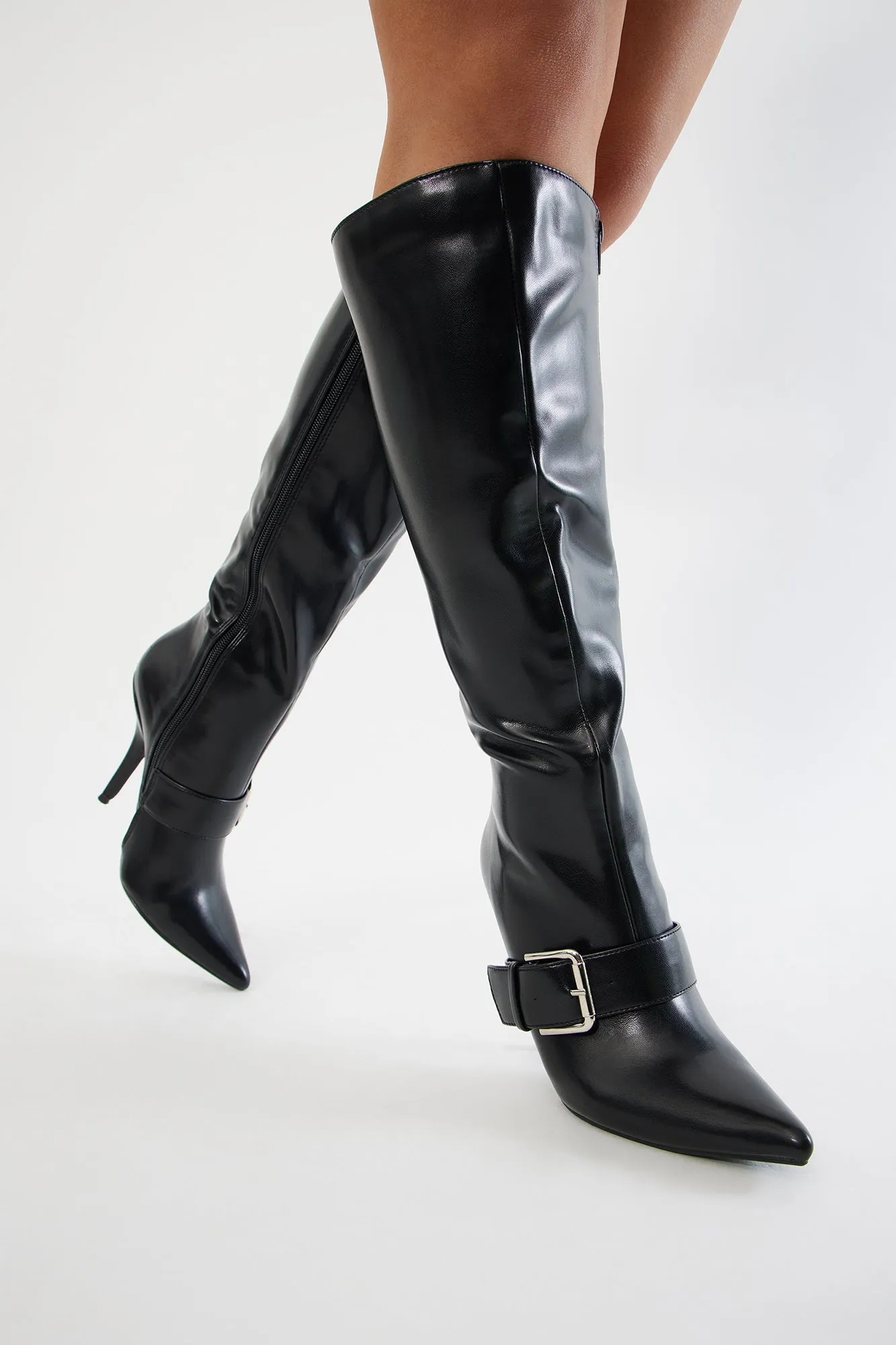 Berlin Buckle Knee High Boots - Black