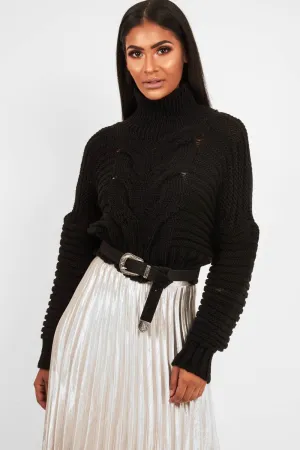 Black Cable Knit Sleeve Detail Jumper - Miyonna