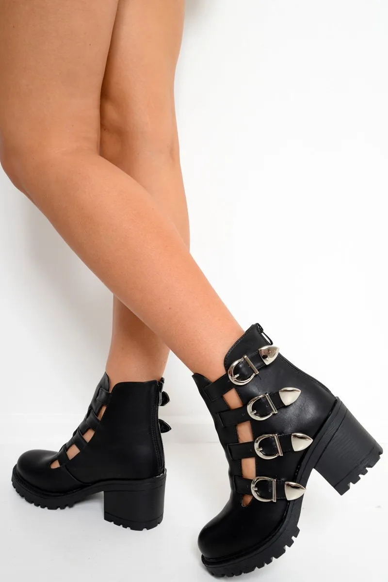 Black Cut Out Buckle Detail Heeled Boots - Fredericka