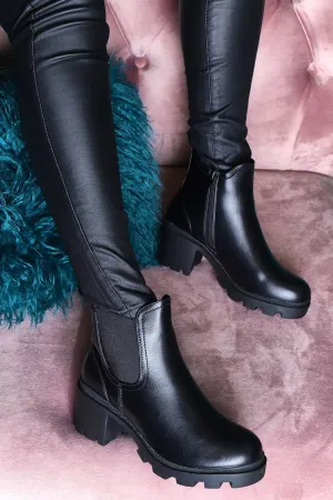 Black Faux Leather Chunky Heeled Chelsea Boots - May