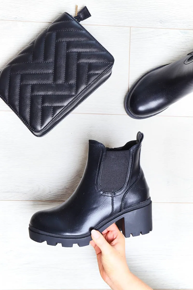 Black Faux Leather Chunky Heeled Chelsea Boots - May