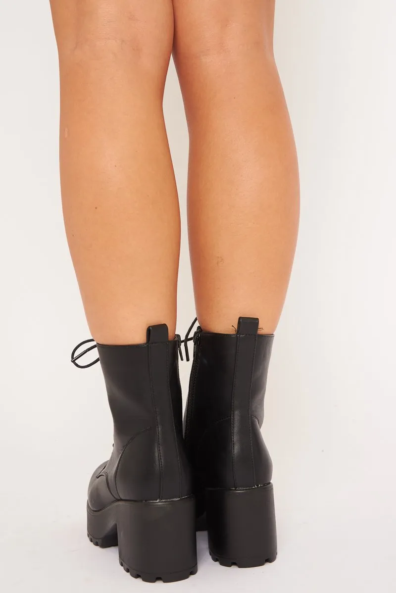 Black Faux Leather Lace Up Heeled Boots - Haddley